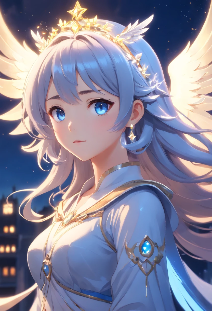 Halloween、Adorned young goddess of the moon with long hair of light blue on a shining dark blue fantasy moon scaffolding with wings and soft features, Dark blue glowing eyes, Angel wings shining white, Bright lights and sparks, anime goddess, unreal engine render + goddes, 3-D Rendering Character Art 8K, render of a cute 3d anime girl, ArtGerm, 3D-Unreal Engine, anime highly detailed, 8K high-quality detail art, Goddess. Very high level of detail, photorealistic anime girl render, goddess of light, Silver diamond tiara on head