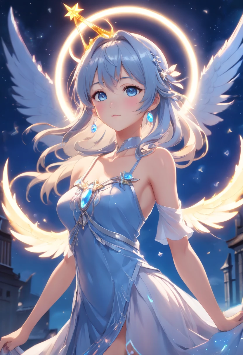 Halloween、Adorned young goddess of the moon with long hair of light blue on a shining dark blue fantasy moon scaffolding with wings and soft features, Dark blue glowing eyes, Angel wings shining white, Bright lights and sparks, anime goddess, unreal engine render + goddes, 3-D Rendering Character Art 8K, render of a cute 3d anime girl, ArtGerm, 3D-Unreal Engine, anime highly detailed, 8K high-quality detail art, Goddess. Very high level of detail, photorealistic anime girl render, goddess of light, Silver diamond tiara on head