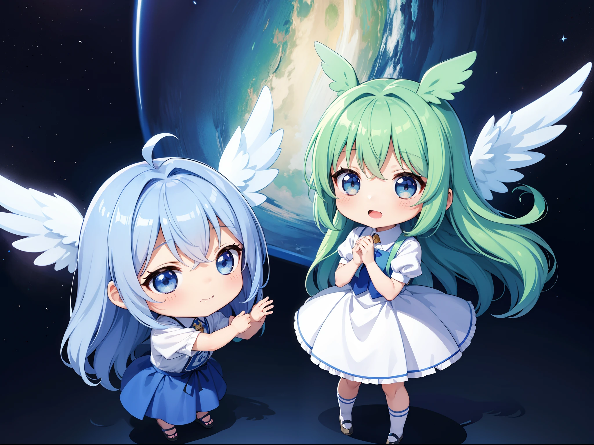 Two cute chibi characters With the Wings of an Angel、Visible flying in the sky。long hair with blue hair((Chibi Chara))、Fluffy、girl with、Chibi Chara、full body Esbian、Pastel colors hair、masutepiece、top-quality、Large in the center