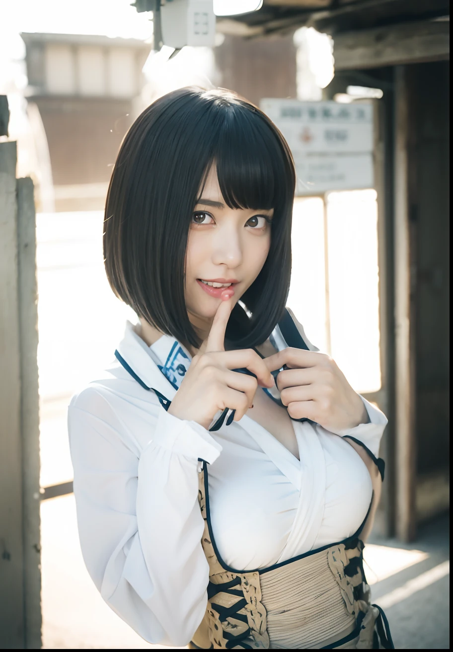 Alafed Asian woman with short black hair and white shirt, real life anime girl, Ayaka Cosplay, white hime cut hairstyle, mayuri shiina from steins gate, mayuri shiina, closeup Iwakura Lain, Realistic Young Gravure Idol, iwakura lain, Ayami Kojima Amano, Anime girl cosplay