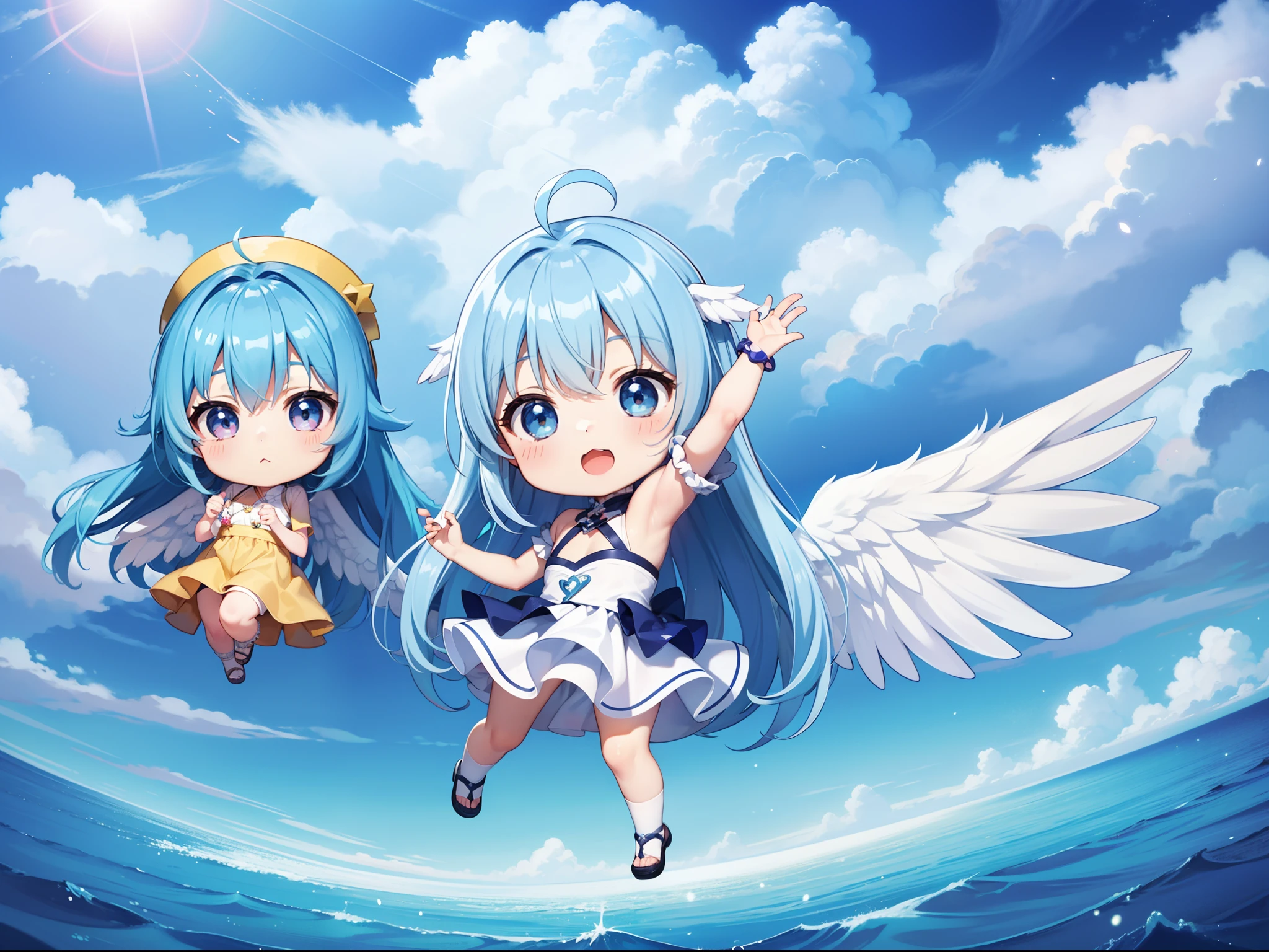 Two cute chibi characters With the Wings of an Angel、Visible flying in the sky。long hair with blue hair((Chibi Chara))、Fluffy、girl with、Chibi Chara、full body Esbian、Pastel colors hair、masutepiece、top-quality、Large in the center