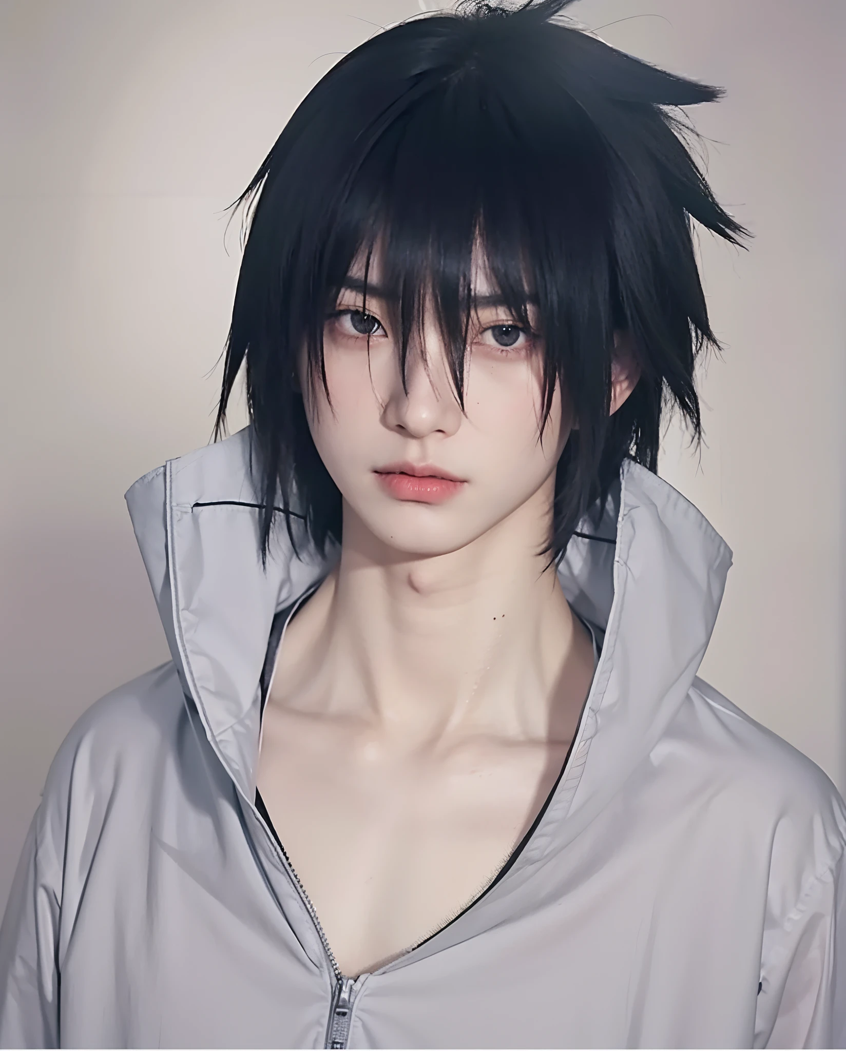 sasuke uchiha, solo, handsome korea, realistic, ((man)), ((young man)), 1boysolo1boy, solo, male_focus, black_hair, black_eyes, collarbone, closed_mouth, upper_body, spiked_hair, looking_at_viewer, bangs, shirt, hair_between_eyes, frown, looking_to_the_side, expressionless, cinematic, dramatic lighting photography, national geographic, photo, photography, Stoic, cinematic, 4k, epic, detailed photograph, shot on kodak detailed, cinematic, dark moody, volumetric fog