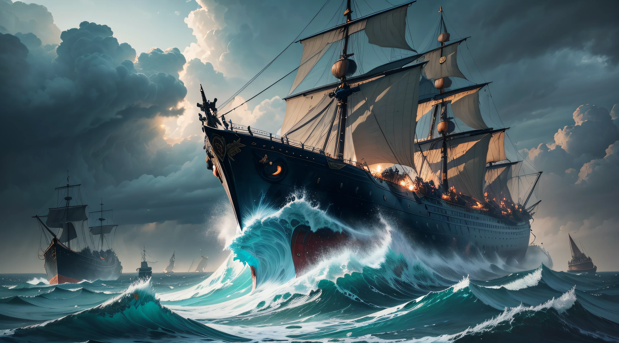 (best quality,realistic:1.2),colorful,high-res,stunning,Ragnar's daring attempt to conquer England with only two ships,captivating scene,classic oil painting, intense action,emotion-packed,fierce battle,stormy sea,breathtaking,vivid colors,heroic figures,large ocean waves,detailed sails,exquisite facial expressions,King Ayela's triumphant capture of Ragnar,ominous storm clouds,high drama,heroic effort,majestic,foreboding atmosphere,desperate struggle,epic clash of power,epic defeat,menacing atmosphere,kingly presence,moment of defeat,brave warriors,bearded Vikings,powerful narrative,striking composition,grandeur and beauty,remorseless warriors,symbolic,historic event,thrilling,iconic scene,vibrant palette,impressive depth,bold brushstrokes,seething rage,tension-filled,astonishing realism,rugged boats,fearless leadership,frozen in time,determined expressions,conquering spirit,immortalize this legendary battle,royal court's triumph,triumph and sorrow mingled,symbol of resilience and hope.