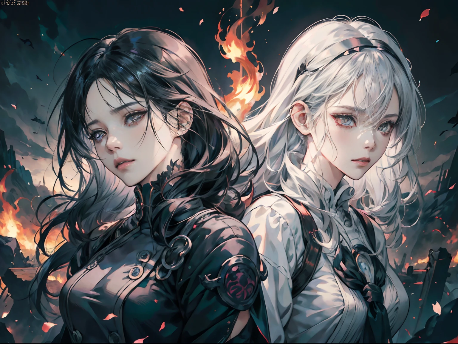 Anime, Two women back to back, Woman with gray hair and woman with long black hair、Battle for fire, Fade-in depiction of black and white wolves、Asymmetrical background、anime fantasy artwork, anime fantasy illustration, artgerm and atey ghailan, official artwork, anime style 4 k, artgerm and rossdraws, two beautiful anime girls, epic light novel art cover, artgerm and genzoman
