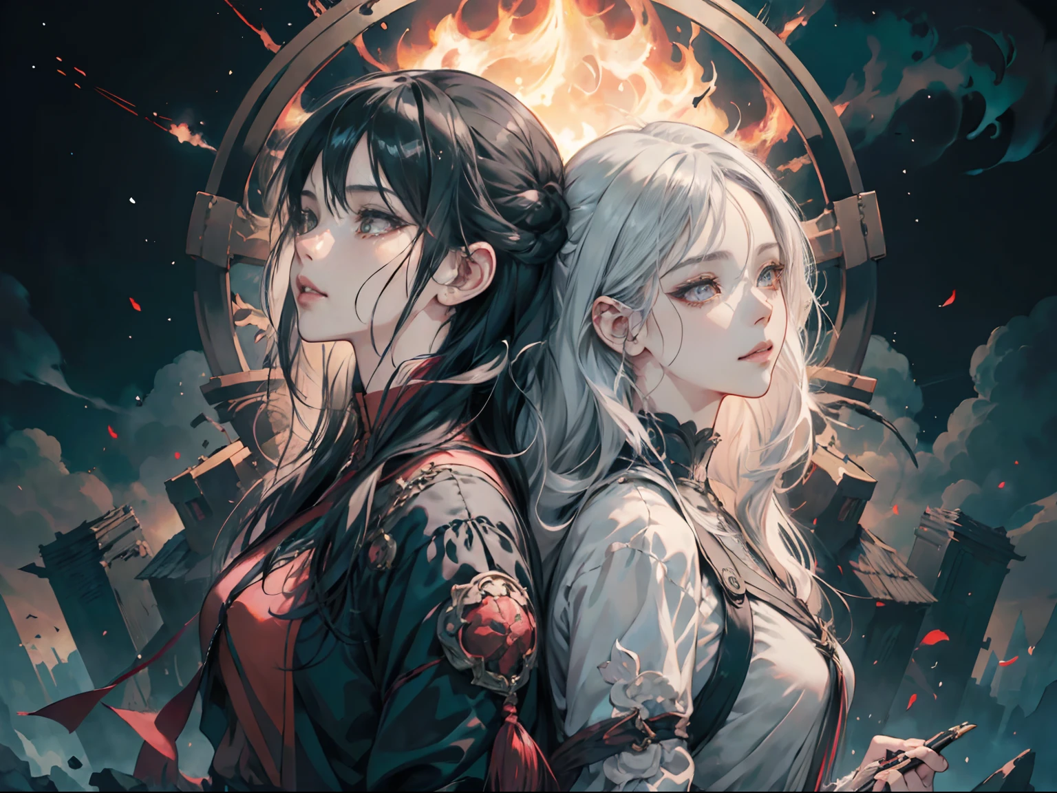 Anime, Two women back to back, Woman with gray hair and woman with long black hair、Battle for fire, Fade-in depiction of black and white wolves、Asymmetrical background、anime fantasy artwork, anime fantasy illustration, artgerm and atey ghailan, official artwork, anime style 4 k, artgerm and rossdraws, two beautiful anime girls, epic light novel art cover, artgerm and genzoman