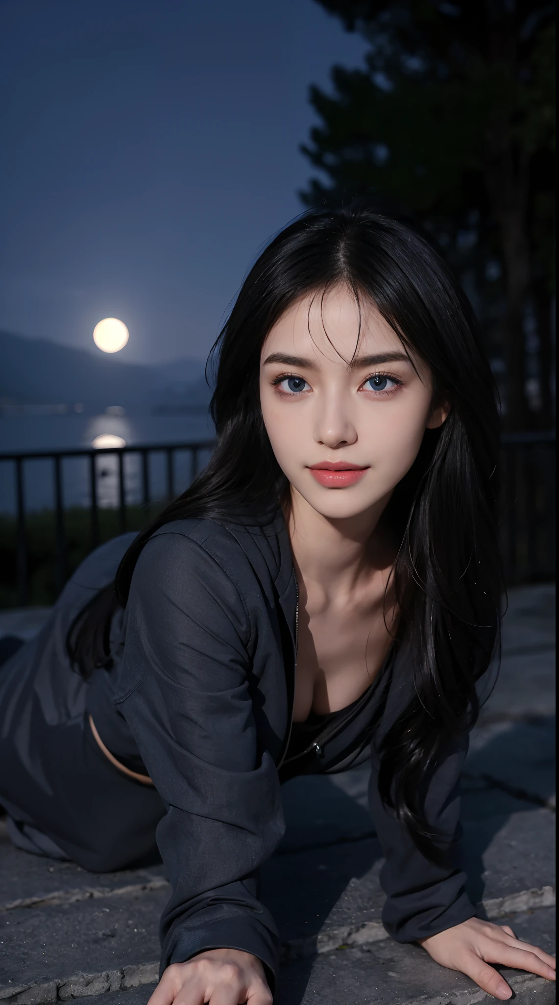 8K, of the highest quality, Intricate details, Ultra Detail, Ultra High Resolution, masutepiece, randam angle,  slender, Smile, (makeup: 0.4), (Fluffy blue eyes: 1.21), Blue eyes, Looking at Viewer, ((Full body)), 1girl in, Solo, 1 girl, (( Full body)), Close Up Shot, , ((tall)), (((Fit body))), (((Slim Face))), Sharp face, Sharp eyes, (((Black hair, Long hair, )) , (Detailed face), Sharp face, Small lips, Windy ,
 (( )), (Parka)),  Detailed face, Detailed chest, , large full breasts, Detailed ass, , Beautiful girl with accentuated slender abs: 1.4, Six Pack Abs: 1.4, Bust Botox, Big, Perfect body, detail legs, (( Moonlight)), Top of the mountains