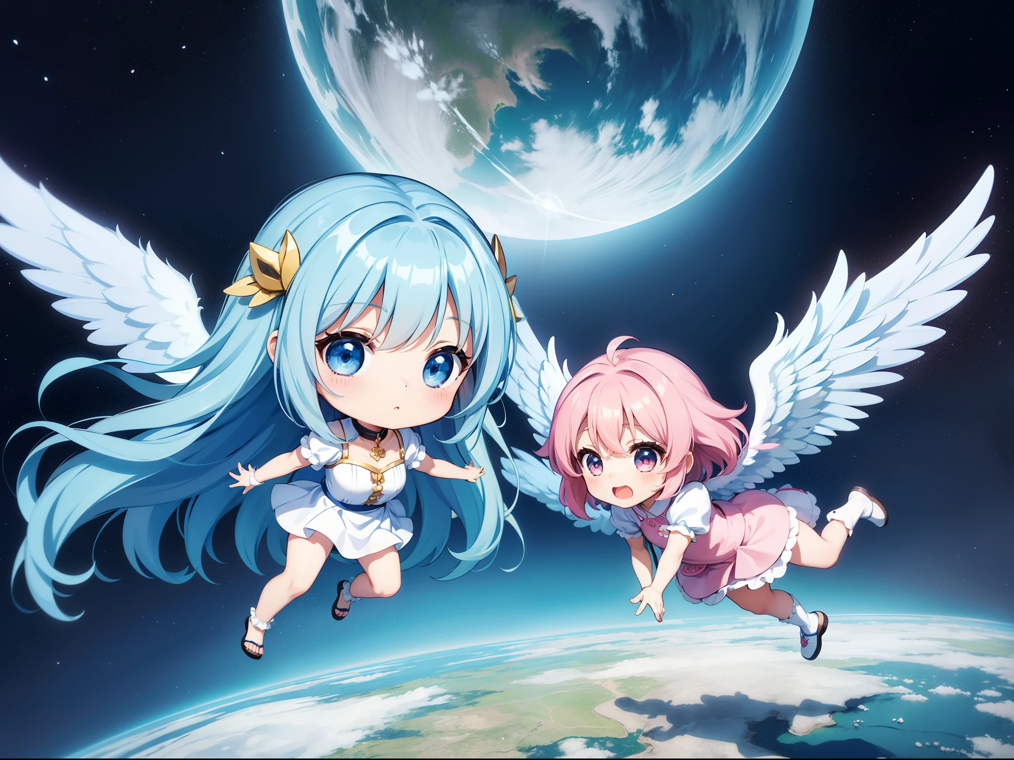 Two cute chibi characters With the Wings of an Angel、Visible flying in the sky。long hair with blue hair((Chibi Chara))、Fluffy、girl with、Chibi Chara、full body Esbian、Pastel colors hair、masutepiece、top-quality、Large in the center
