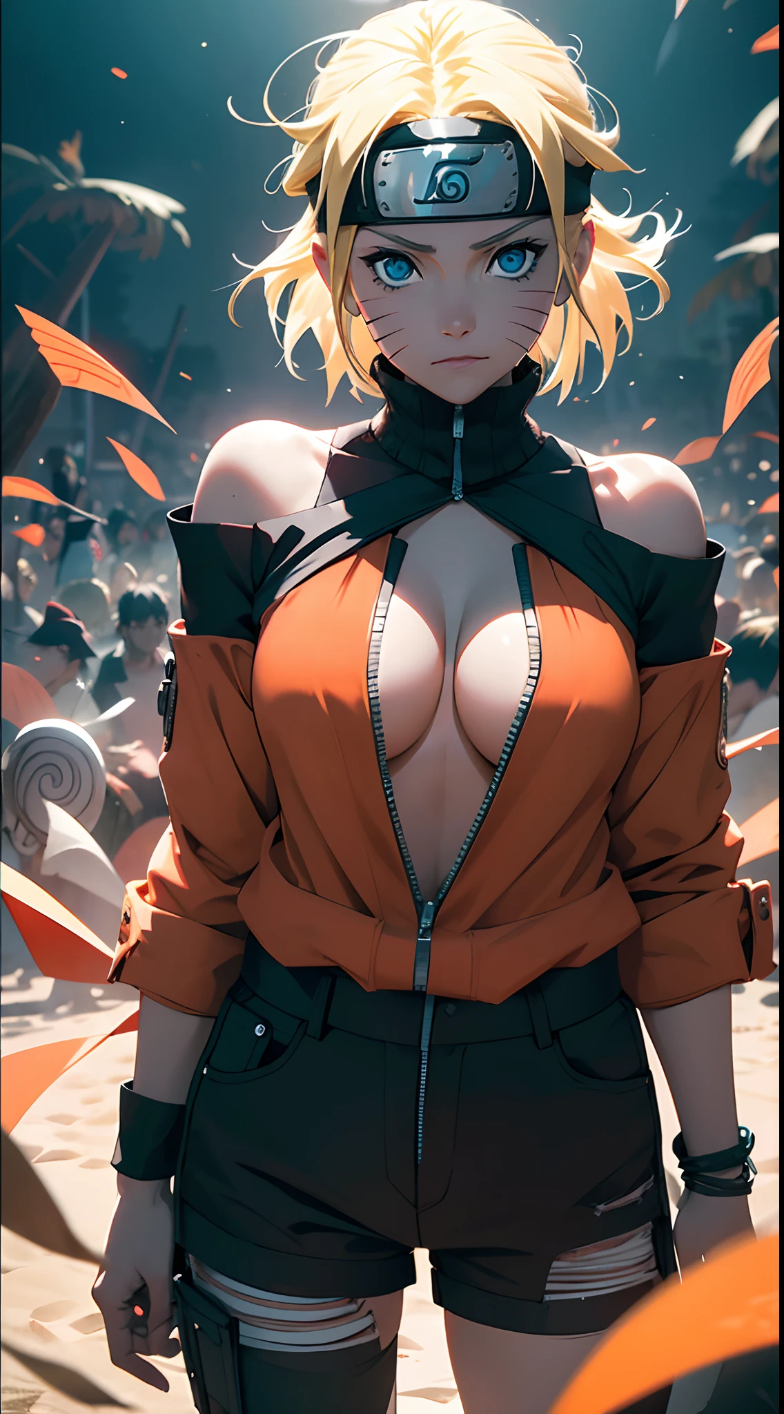 Naruto Uchiha Vortex is super realistic,detail-rich,Super short blonde hair,(Off-the-shoulder attire:1.3),Orange clothes,Forehead,one-girl,Large breasts,cleavage,Be red in the face,best qualityer,tmasterpiece, Johnny Depp walks across the beach at night among fireflies,sharp fokus, contrasty lighting, Delicate skin, High resolution 8K, insanely details, realisticlying, professional photoshooting, 8K UHD, SLR camera, softlighting, high high quality, filmgrain, Fujifilm XT3,Keep one's mouth shut,particle fx