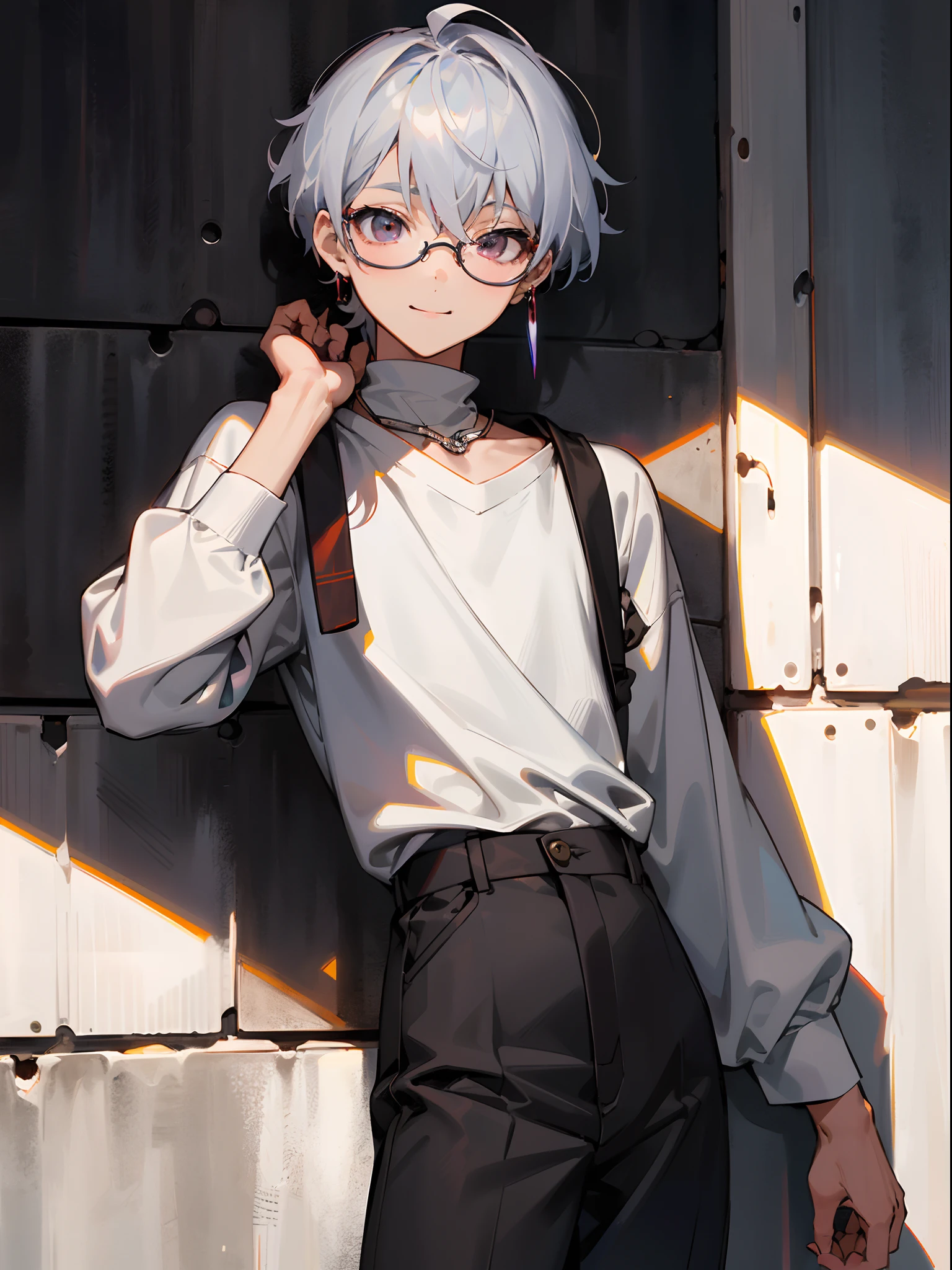 (Male child, eye glasses,A smile, silber hair，cowboy  shot),(((​masterpiece)))、(((top-quality)))、((ultra-definition))、(High Definition CG Illustration)、((extremely delicate and beautiful)),masutepiece, Best Quality, absurderes, Perfect Anatomy, Solo, Matoi, earrings, Sharp eyes, Choker, Neon Shirt, Turtleneck sweater, Night, Against Wall, Brick wall, Graffiti, Dim lighting, backstreet, Looking at Viewer,