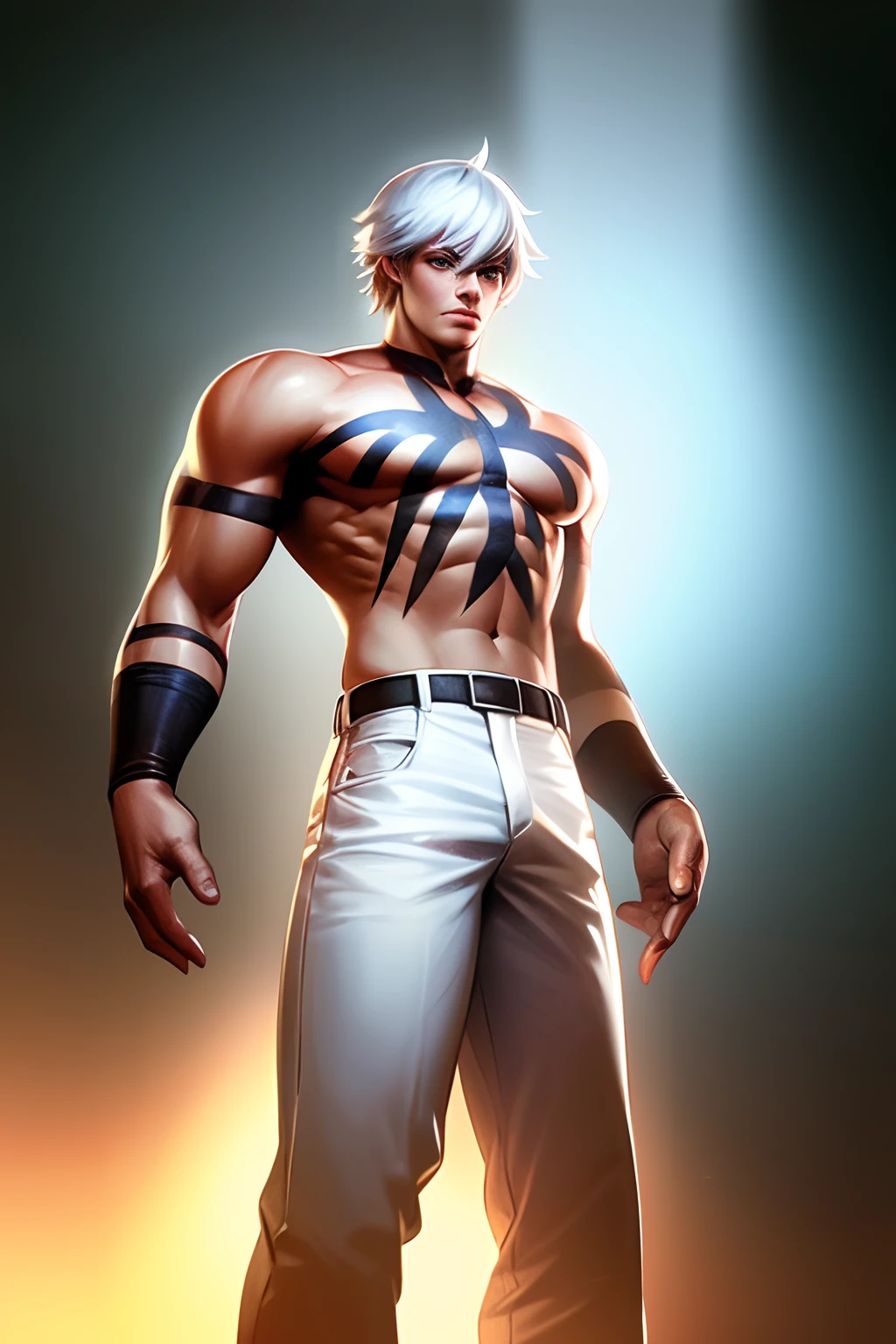 1boy,godlike,are standing，White hair，Bare topless，Tattooed with，white pantie，Black leather belt