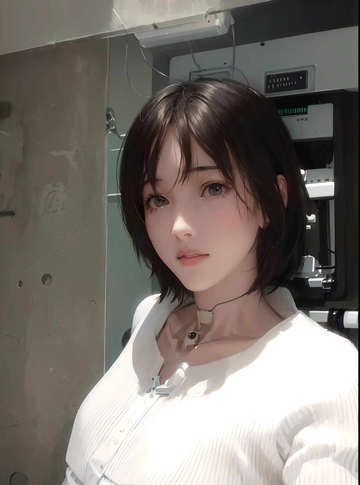 (((masterpiece))), (((best quality))), ((ultra-detailed)), (highly detailed CG illustration), ((an extremely delicate and beautiful)),(cute delicate face),cinematic light,((1mechanical girl)),solo,full body,(machine made joints:1.4),((machanical limbs)),(explosed muscles),(blood vessels connected to tubes),(a brain in container:1.3),((mechanical vertebra attaching to back)),((mechanical cervial attaching to neck)),((sitting)),expressionless,(wires and cables attaching to head and body:1.5),small breasts,short hair,(character focus),science fiction