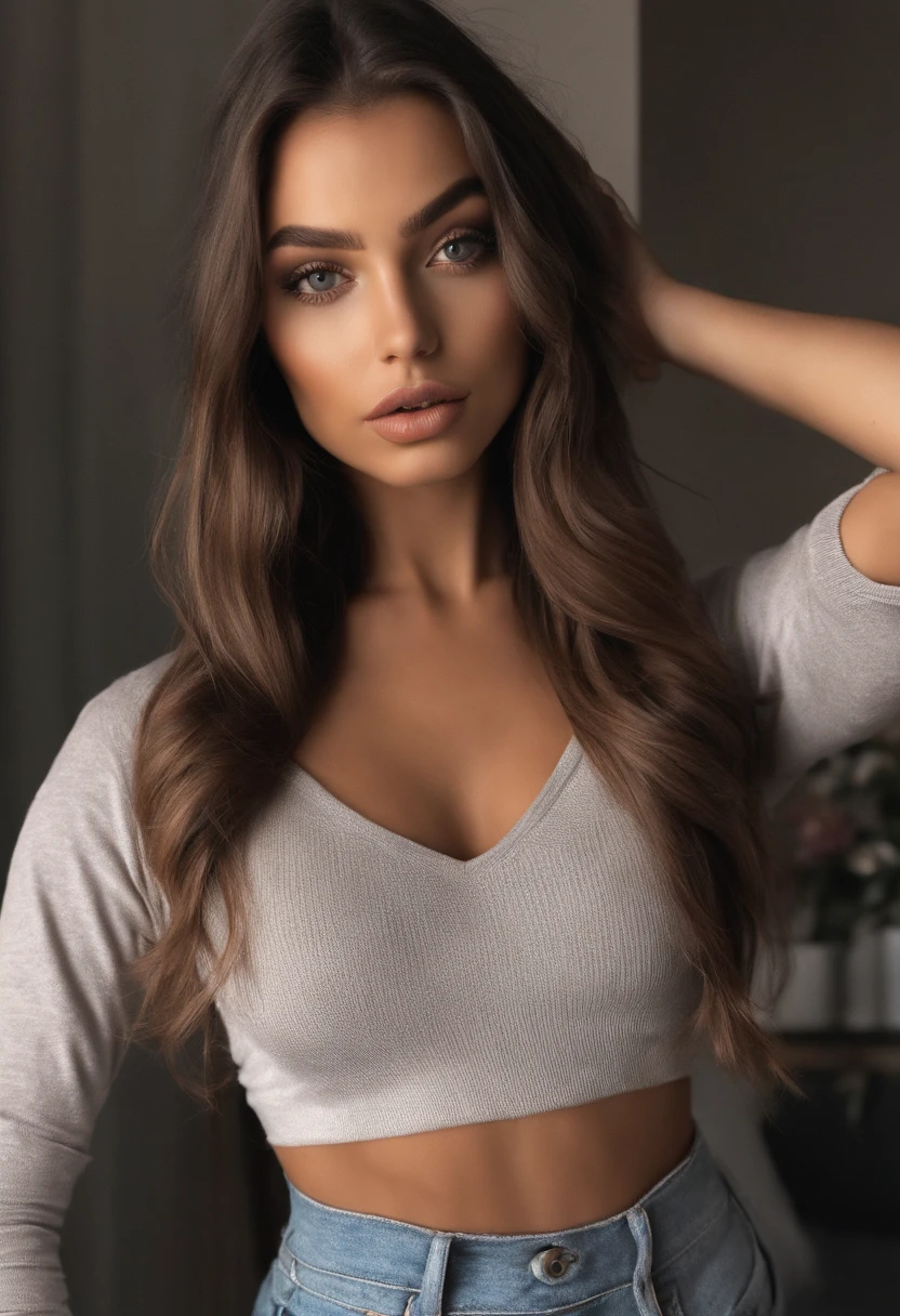 Arafed mujer con ropa negra, Chica sexy con ojos marrones, Retrato Sophie Mudd, brown hair and large eyes, selfie de una mujer joven, Camera eyes, Violeta Myers, Sin maquillaje, Maquillaje natural, staring directly into camera, Cara con Artgram, Maquillaje sutil, Gran foto de cuerpo entero, in the room, escote
