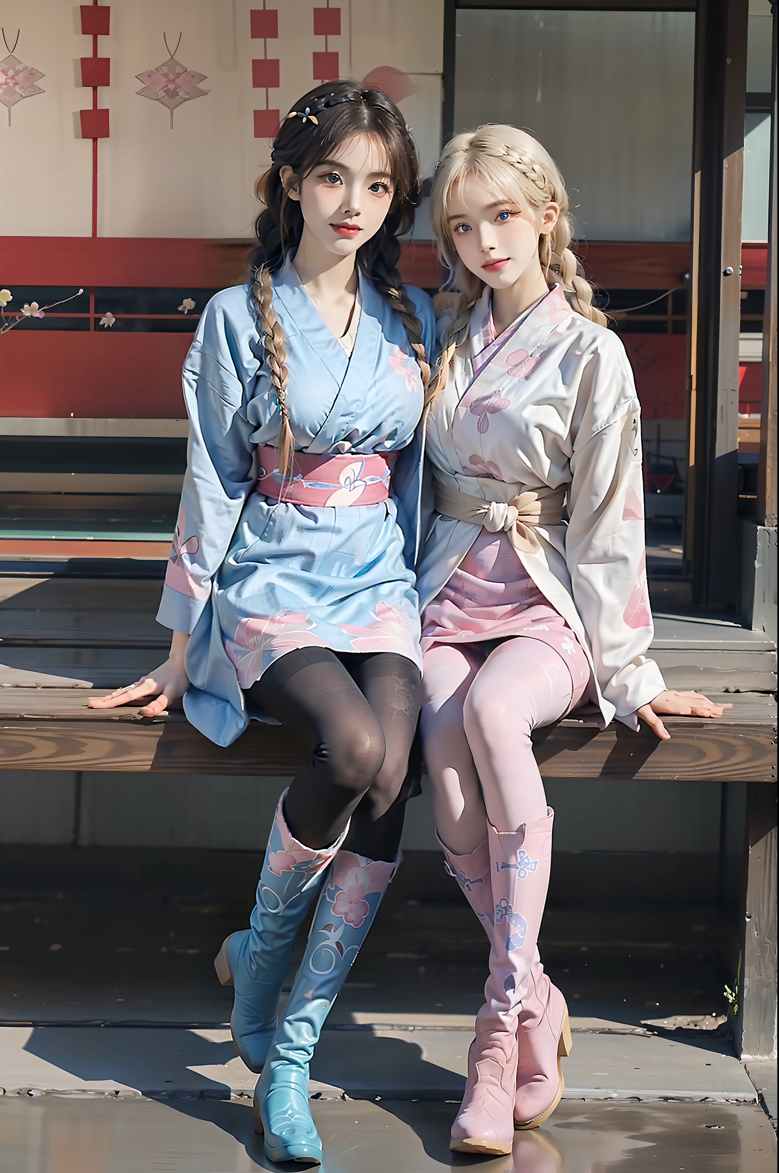 (Full body:1.5),(((1girl in)):1.3),(view the viewer:1.4),((anatomy correct):1.45),((Sitting on the porch):1.2),(Feet to the viewer:1.15),(Shy:1.15),(Pink hakama with floral pattern:1.2),((((((Patterned))))) ,(pantyhose):1.3),(Feet that take up the entire screen:1.1),(Accurate and perfect face:1.3),(blue-eyed blonde:1.2),hyper HD, Ray traching, reflective light, Structurally correct, awardwinning, high detailing, Lighten the shade contrast, Face lighting ,Cinematic lighting, masutepiece, super detailing, High quality, high detailing, Best Quality, 16 K,High contrast,taisho roman、(((Detailed braided long boots)))、Japanese garden、(((cross one's legs)))、