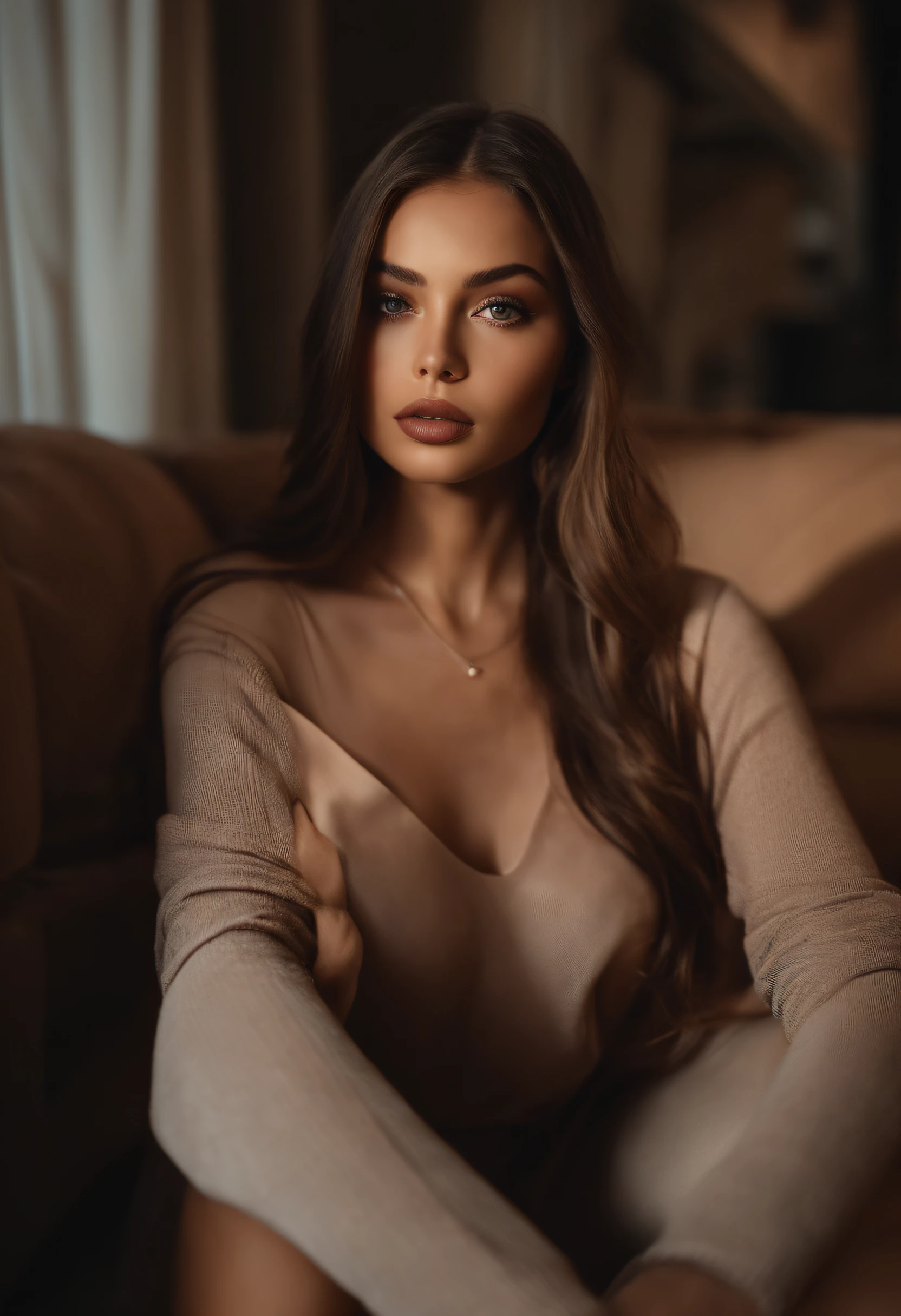 Arafed mujer con ropa negra, Chica sexy con ojos marrones, Retrato Sophie Mudd, brown hair and large eyes, selfie de una mujer joven, Camera eyes, Violeta Myers, Sin maquillaje, Maquillaje natural, staring directly into camera, Cara con Artgram, Maquillaje sutil, Gran foto de cuerpo entero, in the room, escote