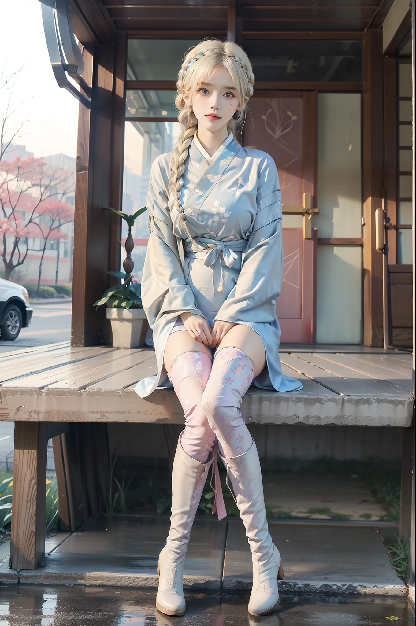 (Full body:1.5),(((1girl in)):1.3),(view the viewer:1.4),((anatomy correct):1.45),((Sitting on the porch):1.2),(Feet to the viewer:1.15),(Shy:1.15),(Pink hakama with floral pattern:1.2),((((((Patterned))))) ,(pantyhose):1.3),(Feet that take up the entire screen:1.1),(Accurate and perfect face:1.3),(blue-eyed blonde:1.2),hyper HD, Ray traching, reflective light, Structurally correct, awardwinning, high detailing, Lighten the shade contrast, Face lighting ,Cinematic lighting, masutepiece, super detailing, High quality, high detailing, Best Quality, 16 K,High contrast,taisho roman、(((Detailed braided knee high boots)))、Japanese garden、(((cross one's legs)))、