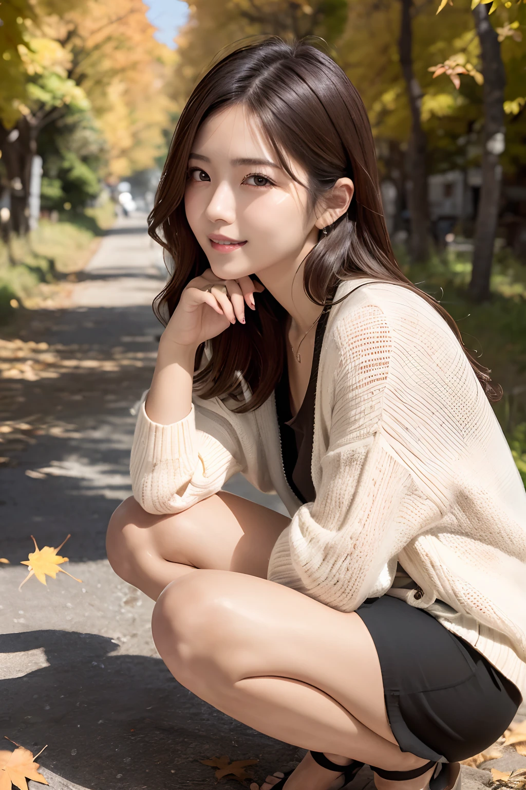 (masutepiece:1.3), High resolution, ultra-detailliert, the Extremely Detailed CG Unity 8K Wallpapers, Realistic, Photorealsitic, Raw photo, (beautifull detailed face), pale skin, Realistic skin, Detailed Cloth Texture, detailed hair texture, super model, Beautiful face, acurate, Anatomically correct, Highly detailed face and skin texture, Natural neck length, (Beautiful hands), (Fair skin:1.2), thin legs, Thin feet, Sexy thighs, 13years,
BREAK,
Detailed eyes, Symmetrical eyes, Brown eyes, Double eyelids, Thin eyebrows, (Glossy lips:1.4), (Gentle smile:1.2),
BREAK,
(a very pretty girl:1.3), (Wearing a white cardigan over a red sweater dress:1.2), (strap sandals), crouching down,
medium large breasts, (firm breasts, nice shaped breasts, Slender figure:1.1),
(Layered hairstyle, dark brown hair, Wavy Hair), (Medium Long Hair:1.2),
clean legs, (In rows of maple trees:1.2), ((Autumn foliage scenery:1.3)),
((Japanese「kyoto」In the「Lanshan(Langshan)(Langshan)(Langshan)(Langshan)(Langshan)」で:1.2)), (upperbody shot:1.2), ((Looking at Viewer:1.2)), ((from the front side:1.3)),
