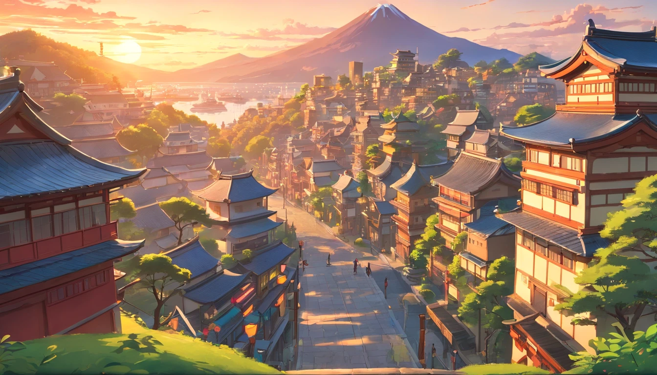 a japan old city with sunset background back view, t-shirt design, in the style of Studio Ghibli, charming, pastel tetradic colours, 3D vector art, cute and quirky, fantasy art, watercolor effect, bokeh, Adobe Illustrator, hand-drawn, digital painting, low-poly, soft lighting, bird's-eye view, isometric style, retro aesthetic, focused on the character, 4K resolution, photorealistic rendering, using Cinema 4D