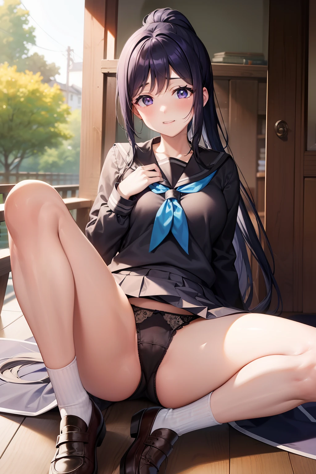 Minamimatsuura, Kanan Matsuura, Blue hair, Long hair, Ponytail, (Purple eyes:1.1), side locks, Blake Aquaneckerchief, grey sailor collar, grey skirt, Miniskirt, neckerchief, Pleated skirt, Sailor collar, sailor shirt, School uniform, serafuku, Shirt, Skirt, Summer uniform, uranohoshi school uniform, White shirt,Naughty big、large full breasts、BREAK looking at viewer, BREAK (masutepiece:1.2), Best Quality, High resolution, Unity 8k壁纸, (Illustration:0.8), (Beautiful detailed eyes:1.6), extra detailed face, Perfect Lighting, extremely details CG, (Perfect hands, Perfect Anatomy),A smile、,(black panties:1.3)、(Fully exposed panties:1.5)、Sit with your knees bent、Eight-headed body、beauty legs 、As if looking up from below、(knees to chest)、outside of house、plein air、