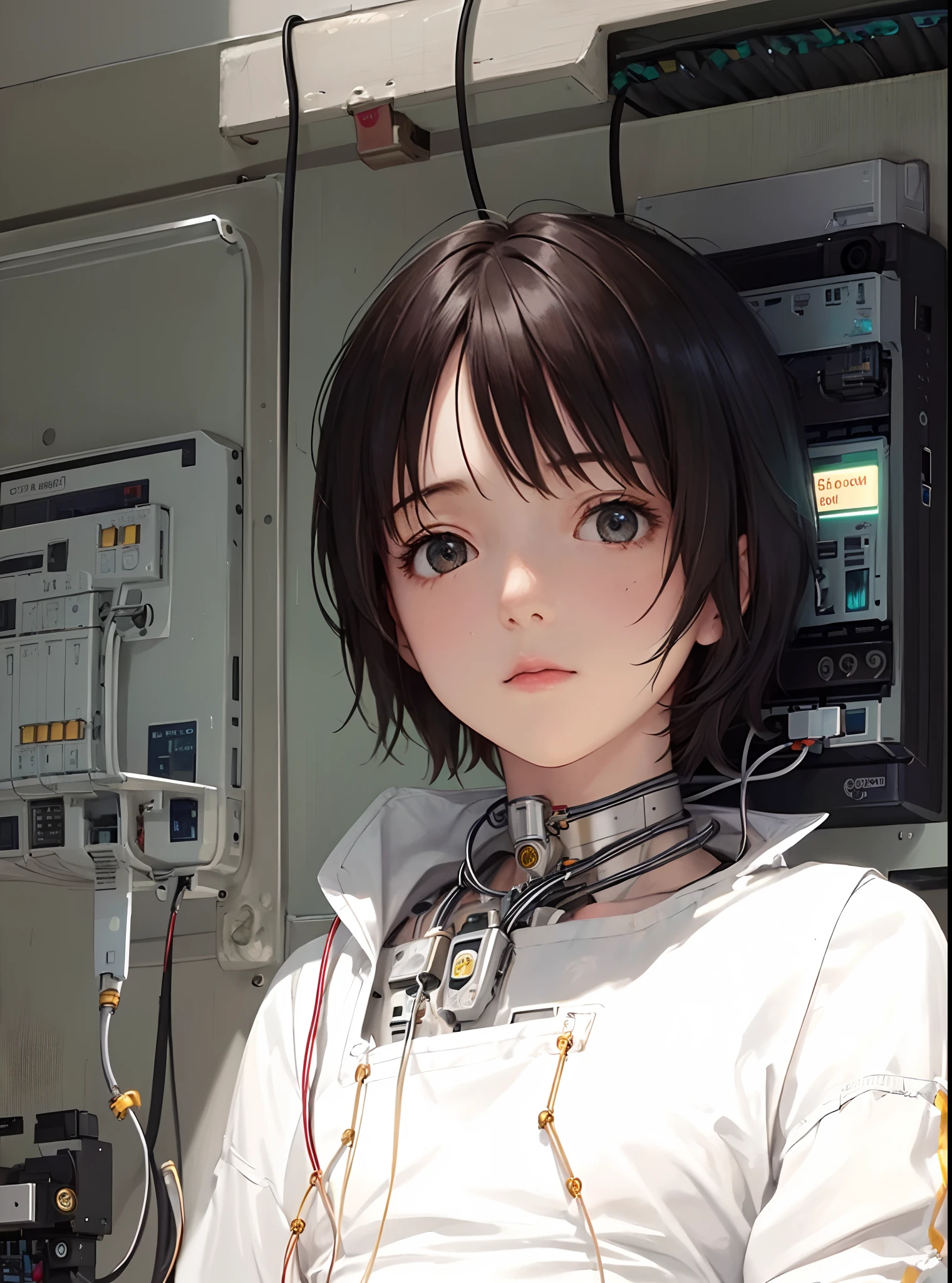 (((masterpiece))), (((best quality))), ((ultra-detailed)), (highly detailed CG illustration), ((an extremely delicate and beautiful)),(cute delicate face),cinematic light,((1mechanical girl)),solo,full body,(machine made joints:1.4),((machanical limbs)),(explosed muscles),(blood vessels connected to tubes),(a brain in container:1.3),((mechanical vertebra attaching to back)),((mechanical cervial attaching to neck)),((sitting)),expressionless,(wires and cables attaching to head and body:1.5),small breasts,short hair,(character focus),science fiction
