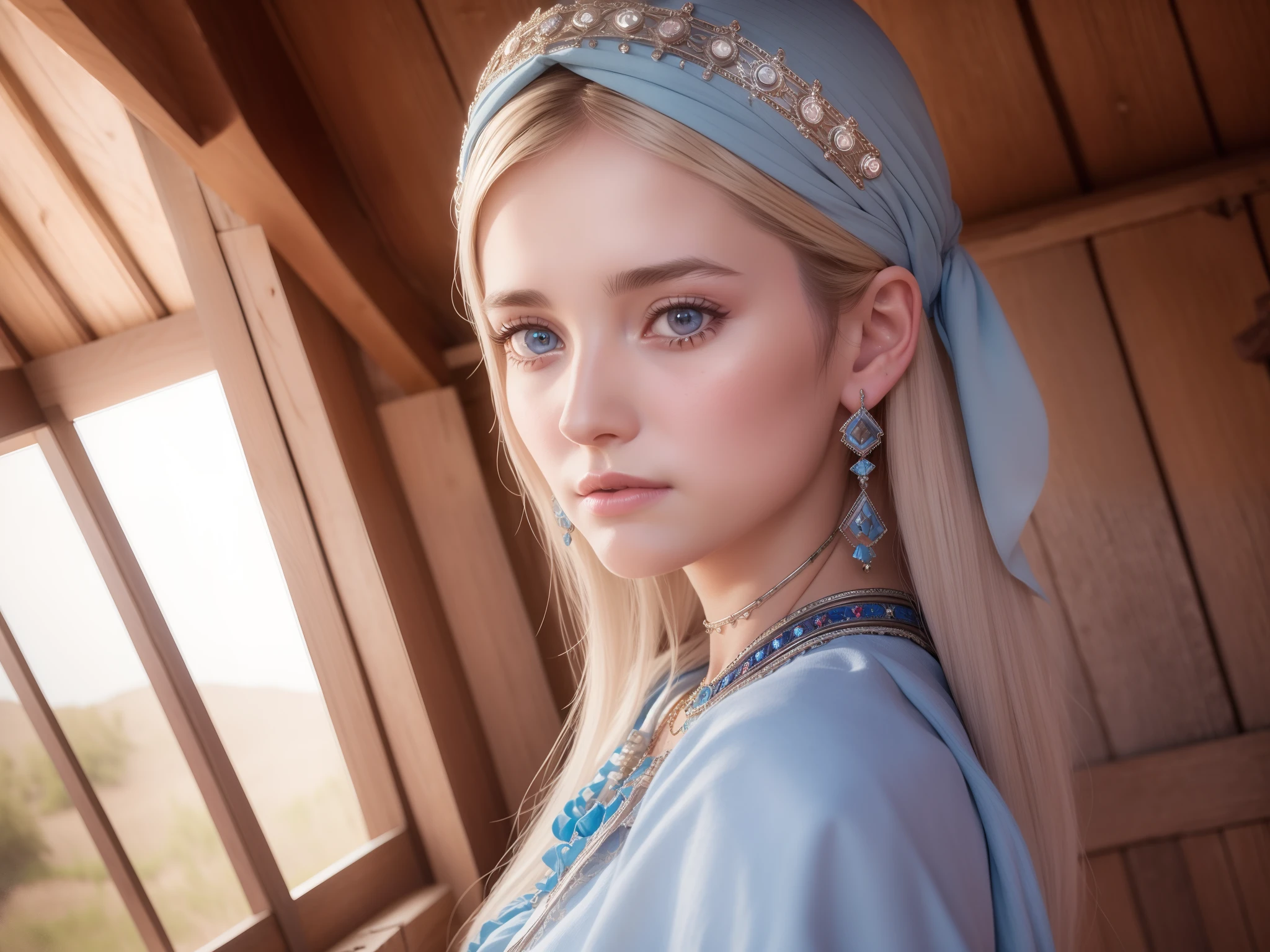 young winona ryder as a beautiful Gypsy Lady, ethnic decoration in wood shed, light blue eyes, platinum blond hair, very detailed beautiful face, photorealistic, hyperrealism, vray, unreal engine, professional photography, DSLR, HDR