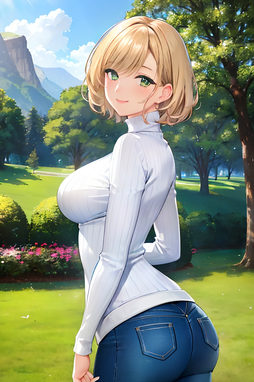 masterpiece, best quality, ultra-detailed, beautiful lighting, Woman, tight jeans, blonde hair, (green eyes:1.3), (white sweater:1.2), turtleneck, standing up, in park, beautiful scenery, slight blush, smiling, (cute smile:1,1), (glossy lips:1.1), (beautiful eyes:1.1), wonderful backround, closed mouth, arms_behind_back, short hair
