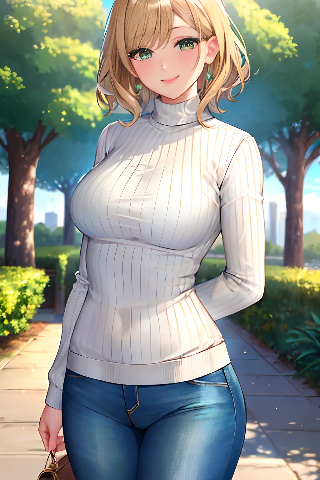 score_9, score_7_up, 1girl, solo, (mercy \(overwatch\)):0.7, large breasts, mature female, presenting, depth of field, sweater