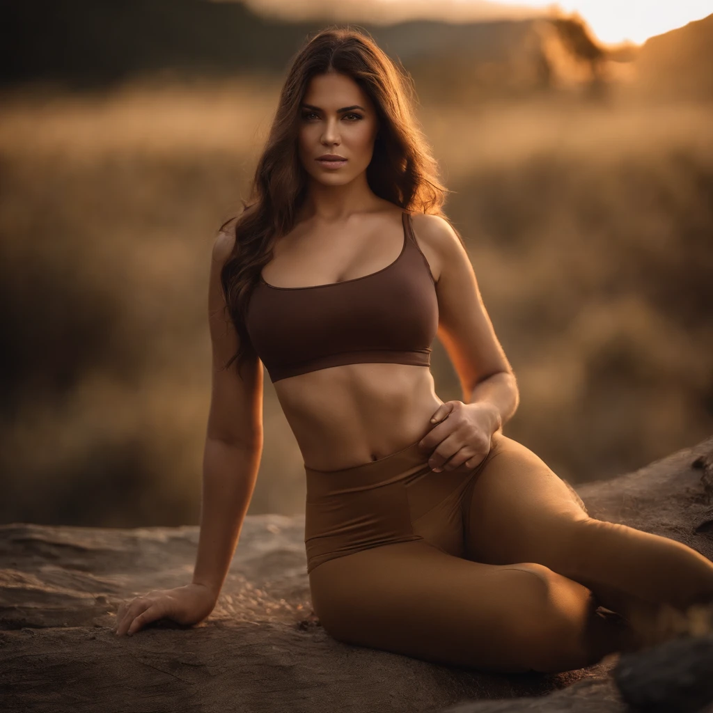 Brunette with perfect body, big boobs and big ass and long light brown hair, in hot leggins, backview (8k) (photorealistic)
