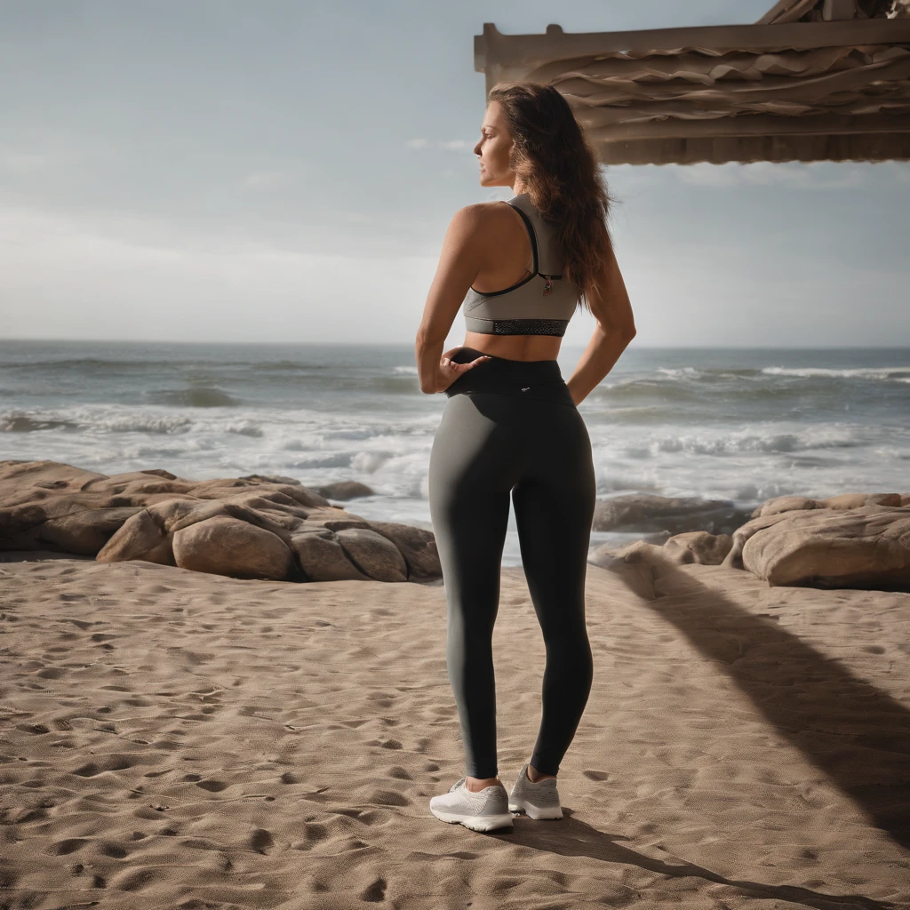 Brunette with perfect body, big boobs and big ass and long light brown hair, in hot leggins, backview (8k) (photorealistic)