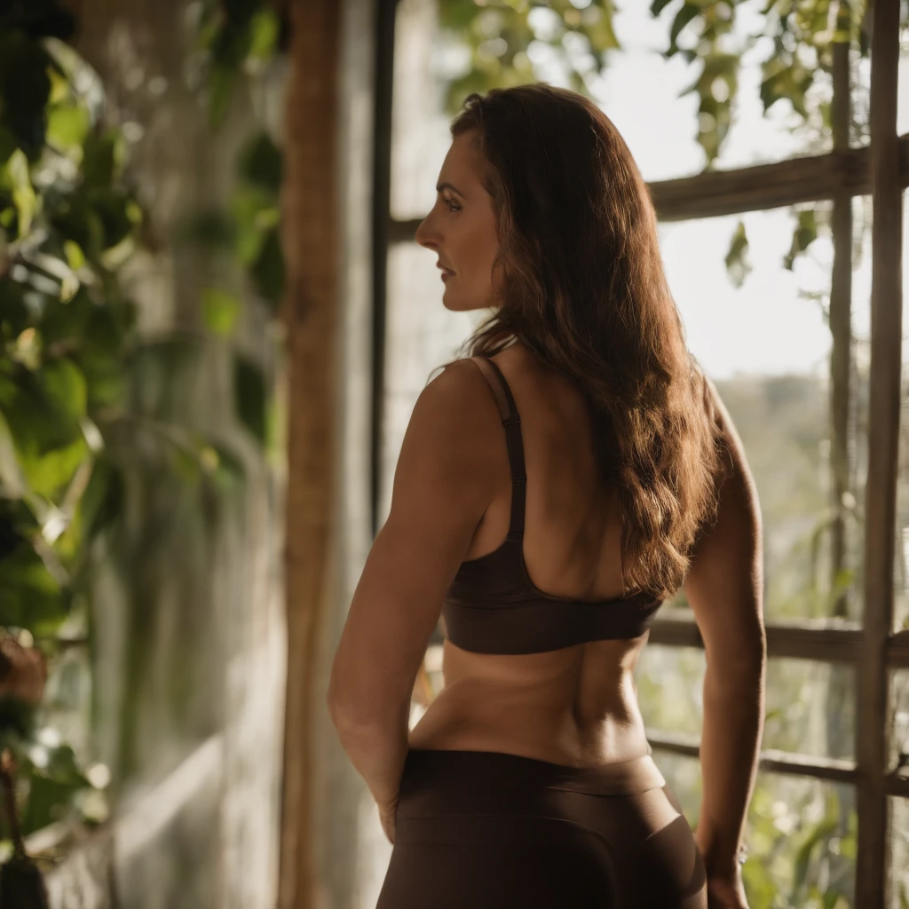 Brunette with perfect body, big boobs and big ass and long light brown hair, in hot leggins, backview (8k) (photorealistic)