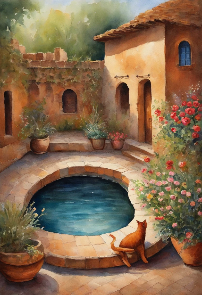 a  small courtyard in  Iranian small house with mudbrick walls. at starry night,  The  house made of mudbrick, with a thatched roof In the center of the courtyard is a circular pool of water with brick edge,  starry night,   lantern are illuminated the yard, On the edge of the pool are small pots of flowers. The flowers in the pots are in bloom, Inside the pool, several red fish swim. The cat is sitting on the edge of the pool, its tail curled around its paws. It is looking into the pool, watching the fish swim. Around the courtyard is a garden of flowers, an old man sit on arm chairt.