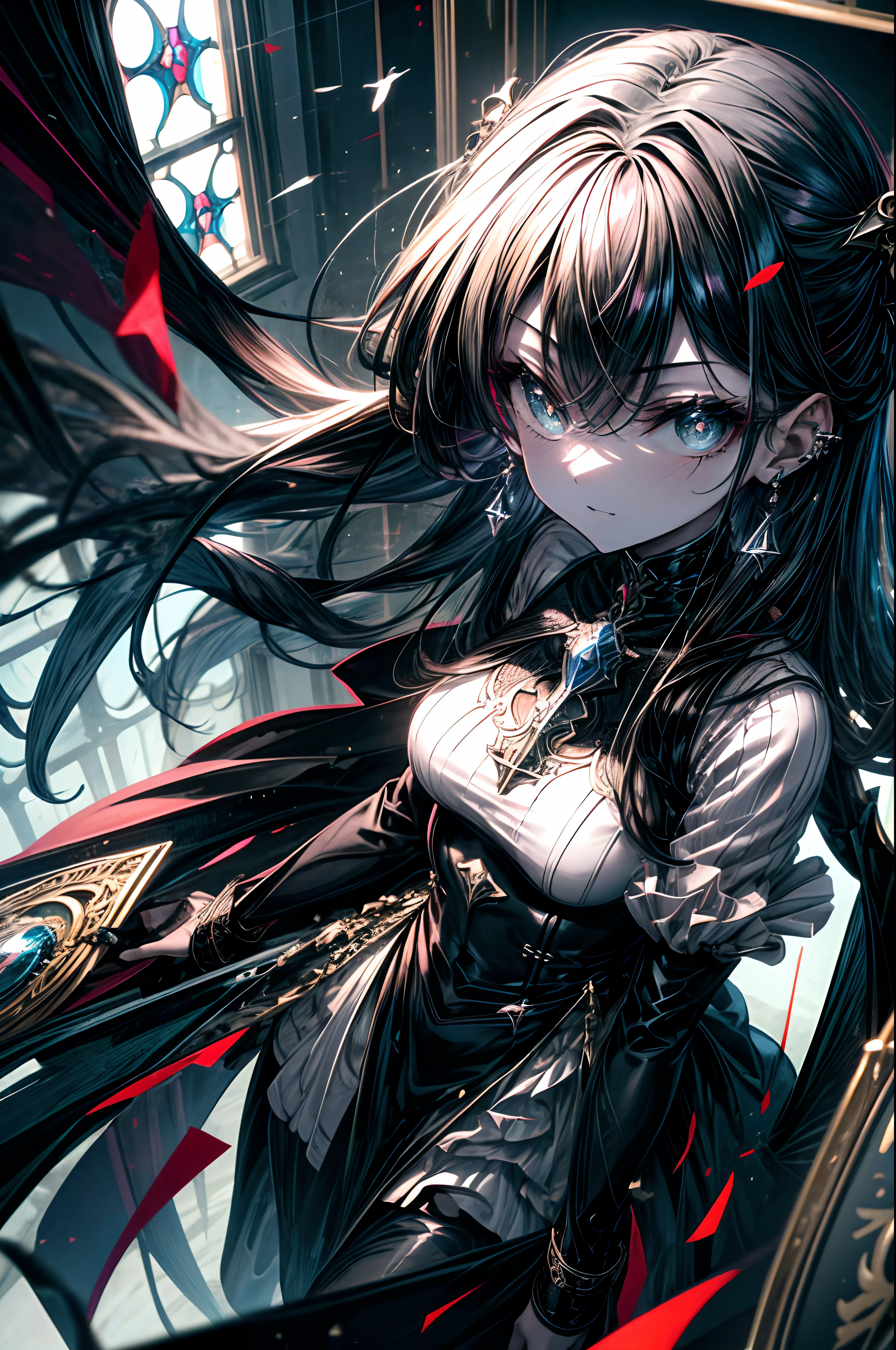 1 girl, mysterious expression, piercing eyes, long flowing black hair, gothic attire, enigmatic smile, pale complexion, elegant features
BREAK
dramatic high-angle shot, (bird's-eye view:1.2), symmetrical composition, stark monochrome, deep shadows, subtle highlights, haunting mood, artistic details
BREAK
ancient cathedral, stained glass windows, ornate pillars, flickering candles, ethereal atmosphere, secret whispers, timeless beauty, absurdres, highres, unique, masterpiece