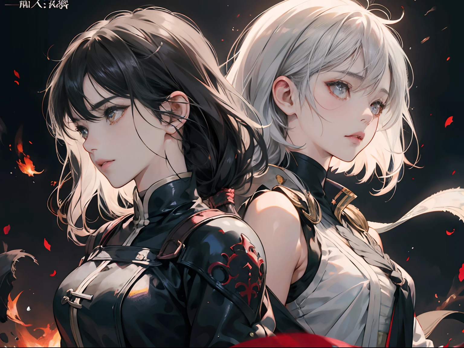 Anime, Two women back to back, Woman with gray hair and woman with long black hair、Battle for fire, Fade-in depiction of black and white wolves、Asymmetrical background、anime fantasy artwork, anime fantasy illustration, artgerm and atey ghailan, official artwork, anime style 4 k, artgerm and rossdraws, two beautiful anime girls, epic light novel art cover, artgerm and genzoman