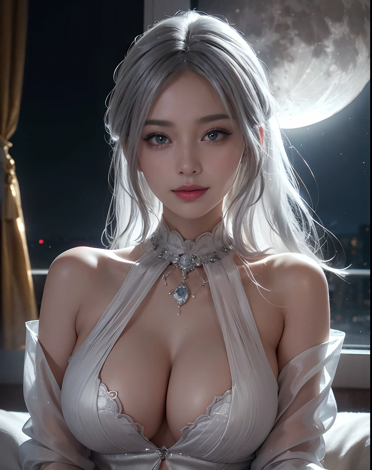 see-through full body suit, black rubber long gloves, RAW photo, photorealistic:1.6, Quality:1.5, 8k, Masterpiece:1.3, ultra highres:1.0, Crisp Focus:1.2, Big breasts:1.3, Beautiful Woman with Perfect Figure, Highly Detailed Face and Skin Texture, Detailed Eyes, Double Eyelids, perfect face balance, silver hair, smile, beautiful studio soft light, rim light, vibrant details, hyper realistic, octane render, detailed beautiful skin, realistic skin, (in a 5 stars hotel room at anight, beautiful moon from windows)