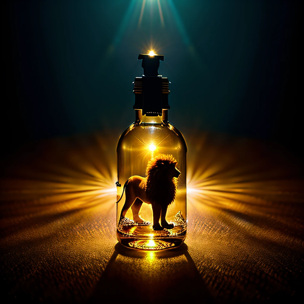 a lion in a bottle, fluffy, realistic, atmospheric light refraction, by lee jeffries nikon d850 film stock photograph 4 kodak portra 400 camera f1.6 lens rich colors very hyper realistic lifelike texture dramatic lighting unreal engine trending on artstation cinestill 800, Style-Glass