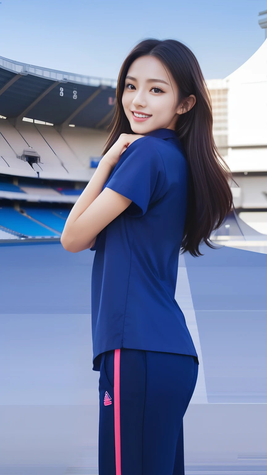 (bestquality,10,10,highres,masterpiece:1.2),ultra-detail,(Realistic,photorealistic portrait,photo-realistic:1.37),1 Cute girl in the football field,oily shiny skin,bara,light smile,BDclothes,((blue shirt:1.3)),short sleeves,Shirt, trousers.,(navy_long_Pants Track:1.1), ((Stadium Background:1.3)),dynamic angle,excited,face focus,Dynamic Poses,from behide,Ass Focus,masterpiece, bestquality, ultra realistic, hyper-detail, 8k resolution, RAW photo, crisp focus, ((Navy blue shirt:1.1)), short sleeves, Long Path, Perfect body, 2 mature women, 18yo, cinematic light,Blue sweatpants,Gymware,Correct anatomy,Complete body, Correct body, sharp face, Anatomically correct body, full entire body, Realistic gestures, long-haired, Realistic poses,Wear long shorts..,Long leg span,Shapely,Sculpting Girl, Slim body, mannequin mannequins