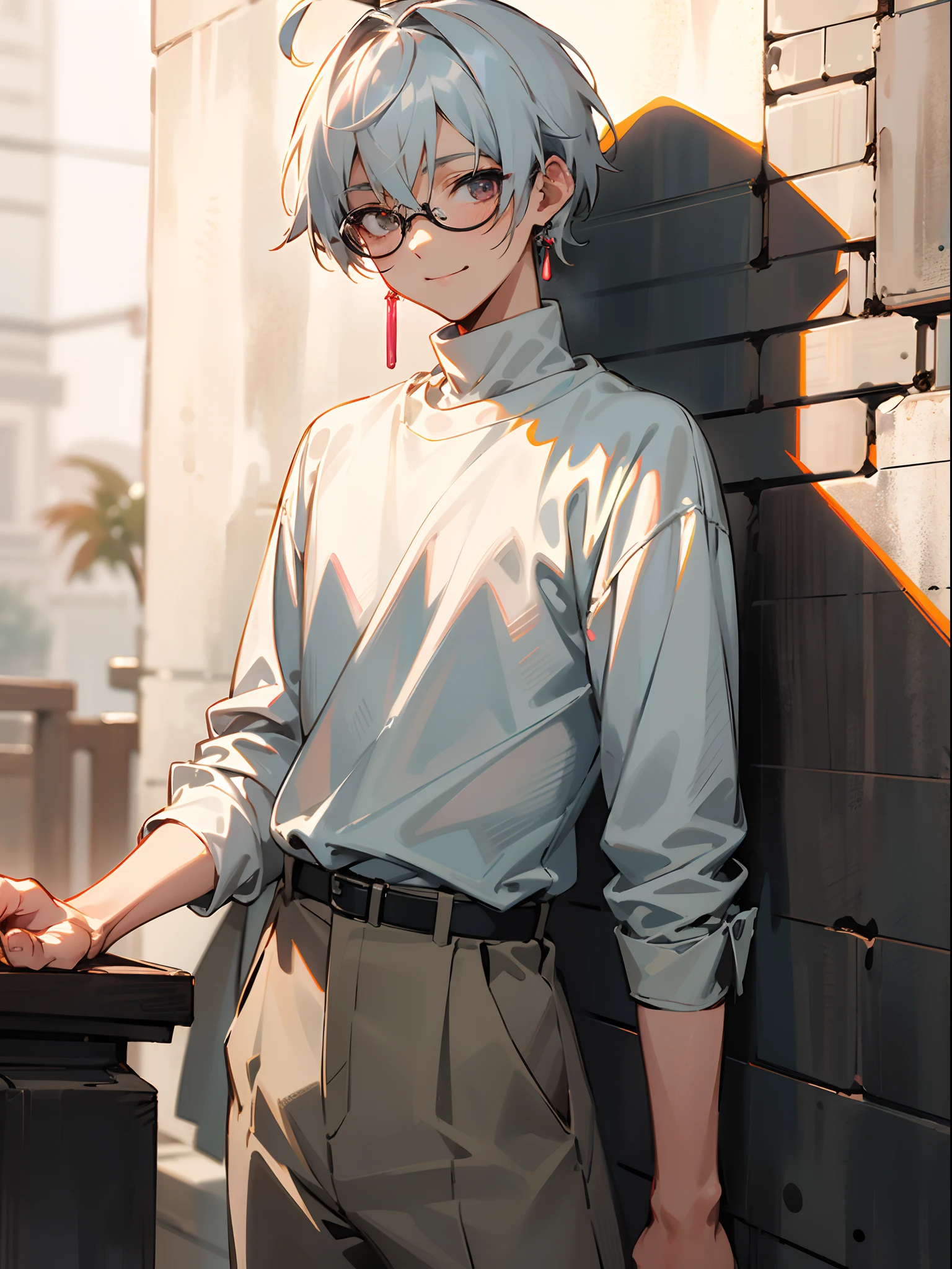 (Male child, eye glasses,A smile, silber hair，cowboy  shot),(((​masterpiece)))、(((top-quality)))、((ultra-definition))、(High Definition CG Illustration)、((extremely delicate and beautiful)),masutepiece, Best Quality, absurderes, Perfect Anatomy, Solo, Matoi, earrings, Sharp eyes, Choker, Neon Shirt, Turtleneck sweater, Night, Against Wall, Brick wall, Graffiti, Dim lighting, backstreet, Looking at Viewer,