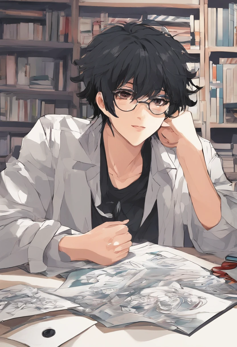 Black-haired man，Messy hairstyle，Lie on your desk，Fingers wrapped around the hair of the girl at the table，Glasses look at the fingers