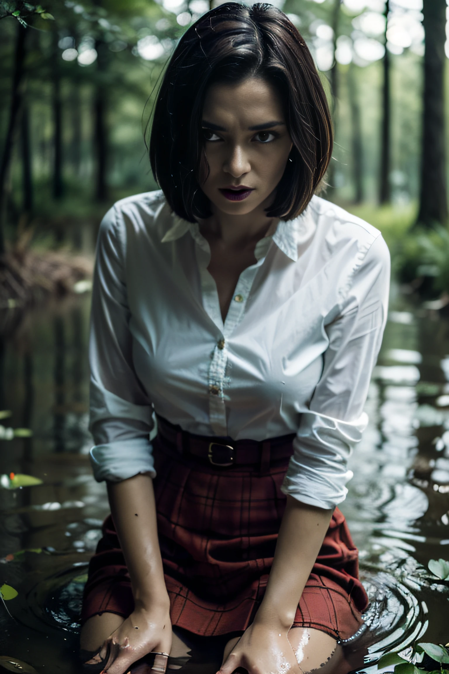 A woman with expressive wrinkles and a bob haircut wearing a skirt and a light blouse is drowning standing in a bog. ((freckles)), She wears stockings and her face shows a detailed portrayal of despair. The atmosphere carries an ominous vibe, as if she is trapped in a dangerous situation, facing imminent doom. The focus of the image should be on the woman's detailed eyes and face, capturing the depth of her emotions. The quality of the image should be the best, with a resolution of 4K or 8K, emphasizing ultra-detailed features and a realistic or photorealistic style. The colors should enhance the gloomy and foreboding atmosphere, while the lighting should create a dramatic effect, illuminating the woman's face in a haunting manner.