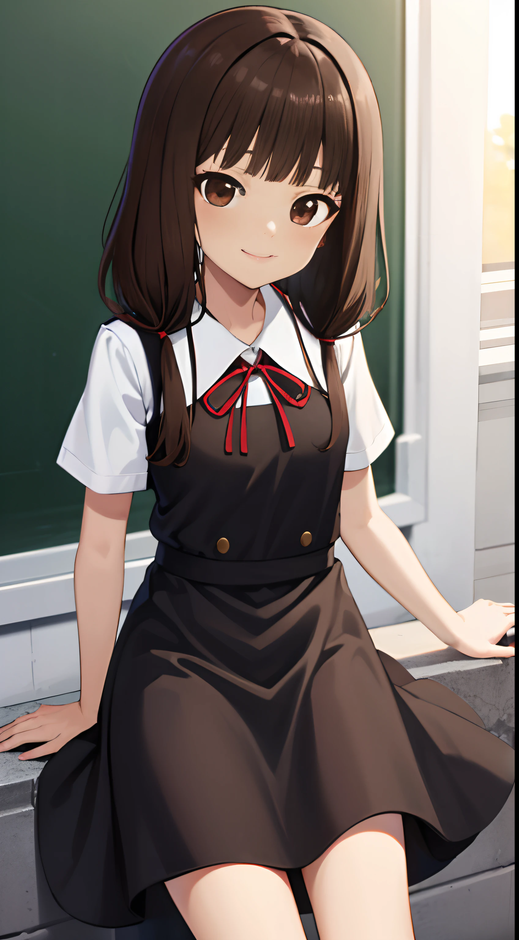 Yoshiko Iino, Blunt bangs, (Brown eyes:1.5), Brown hair, hair tie, Long hair, low twintails, Red Ribbon, bow ribbon, Twin-tailed,Black Dress, Dress, pinafore dress, School uniform, Shirt, Short sleeves, Uniform of Shunaiin Gakuen, White shirt, arm band,look at viewer ,a smile