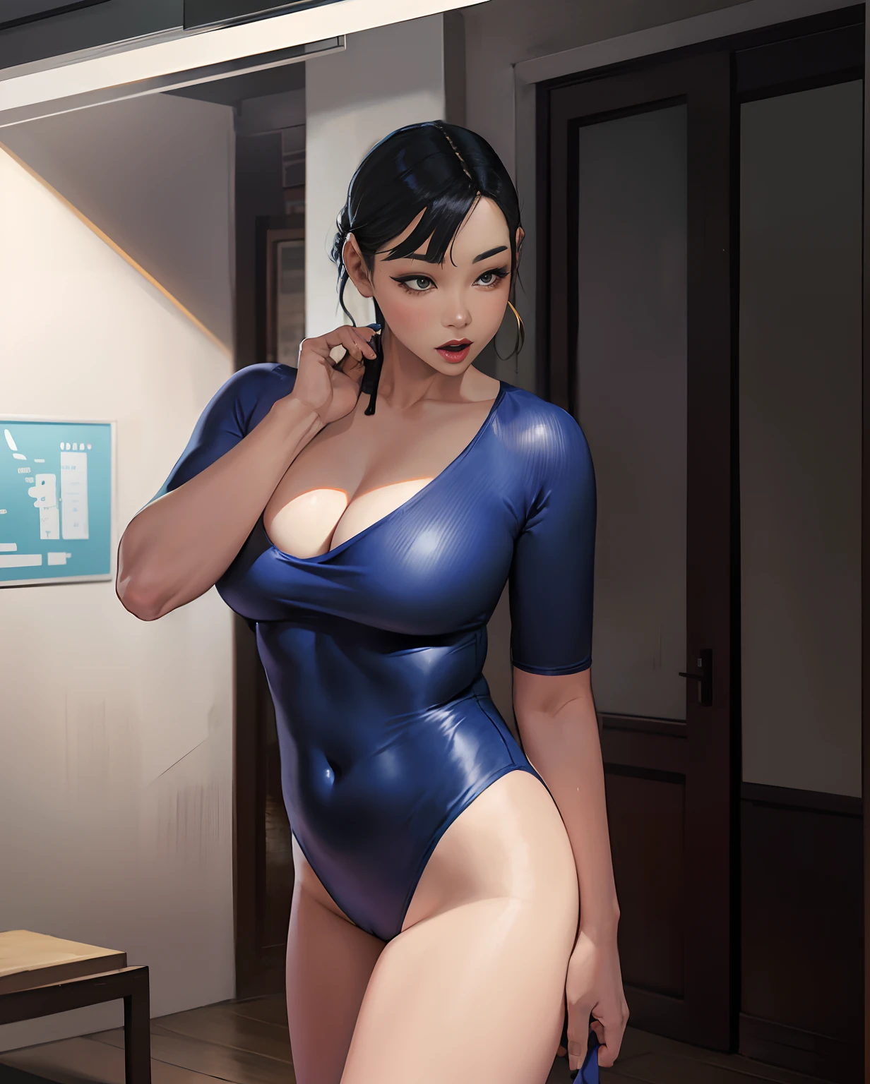 Alafeld Asian woman poses for photo in blue tights, wearing a tights, thin bodysuit, in a bathing suit, Sexy girl, tightsuit, Gorgeous lady, thicc, Open V chest clothes, blue tight t-shirt, Yoshitomo Nara, swimsuit, Sexy :8, matte navy - blue bodysuit
