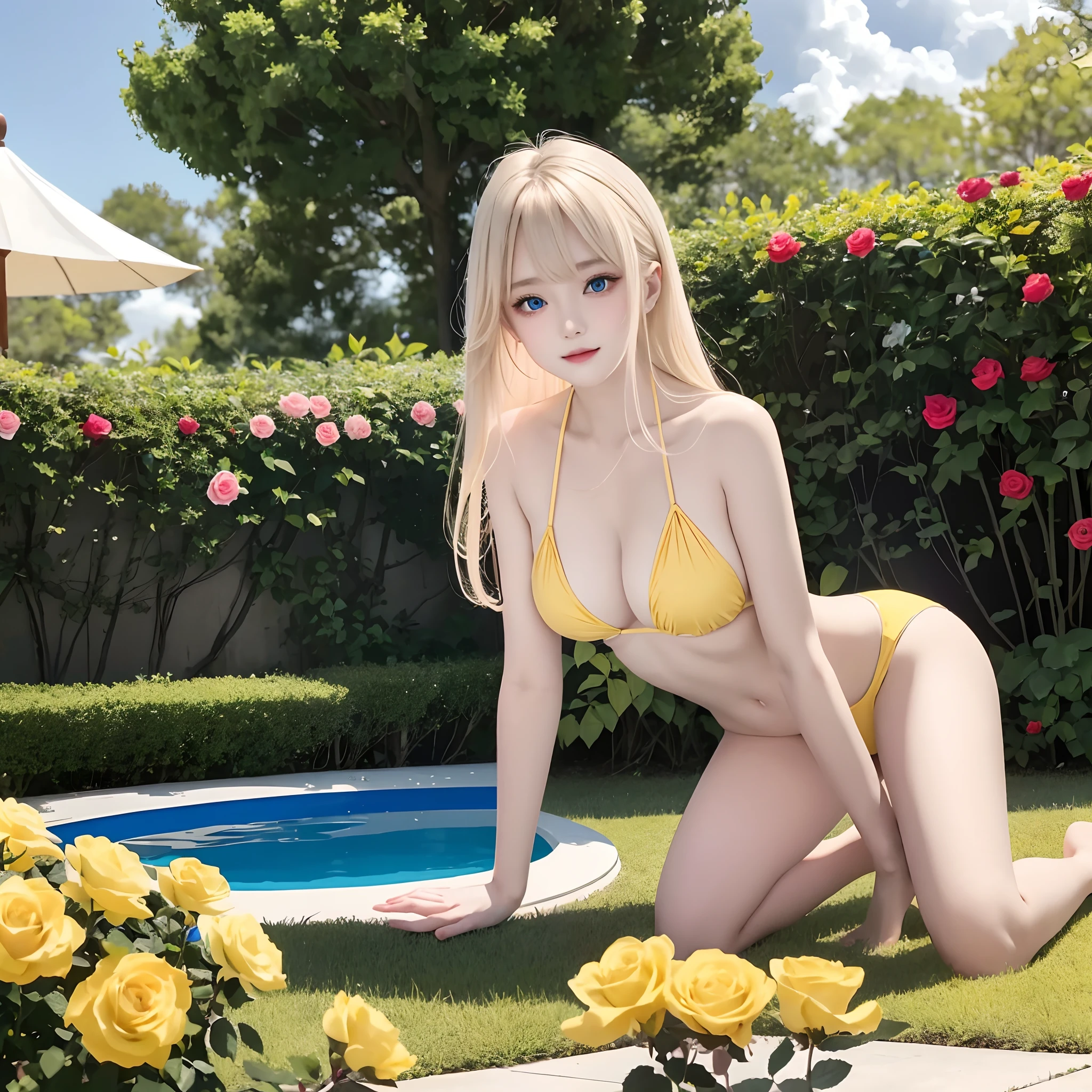 Beautiful girl alone、Blonde with perm、Blue eyes、Yellow Bikini、gravure、Kneeling、A sexy、rose garden
