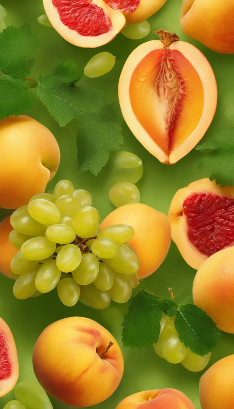 4K,Commercial photography,Yellow peach pulp,Green grape pulp,Juice sputtering,poster for, Fresh style background, Attractive,Ultra HD,tmasterpiece,romanticism lain, Minimalism, Close-up, 8K,ccurate, Best quality, hyper HD
