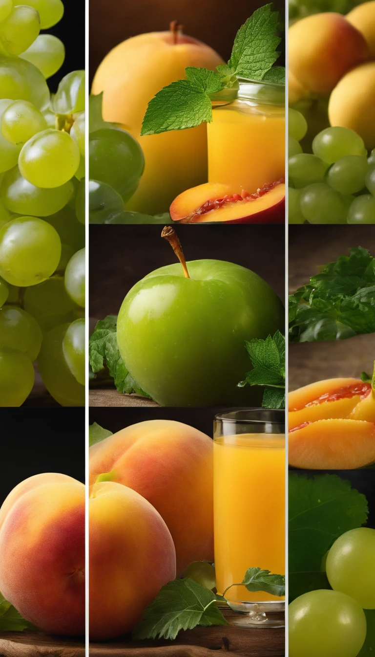 4K，Commercial photography，Yellow peach pulp，Green grape pulp，Juice sputtering，poster for, Fresh style background, Attractive,Ultra HD，tmasterpiece，romanticism lain, Minimalism, Close-up, 8K,ccurate, Best quality, hyper HD