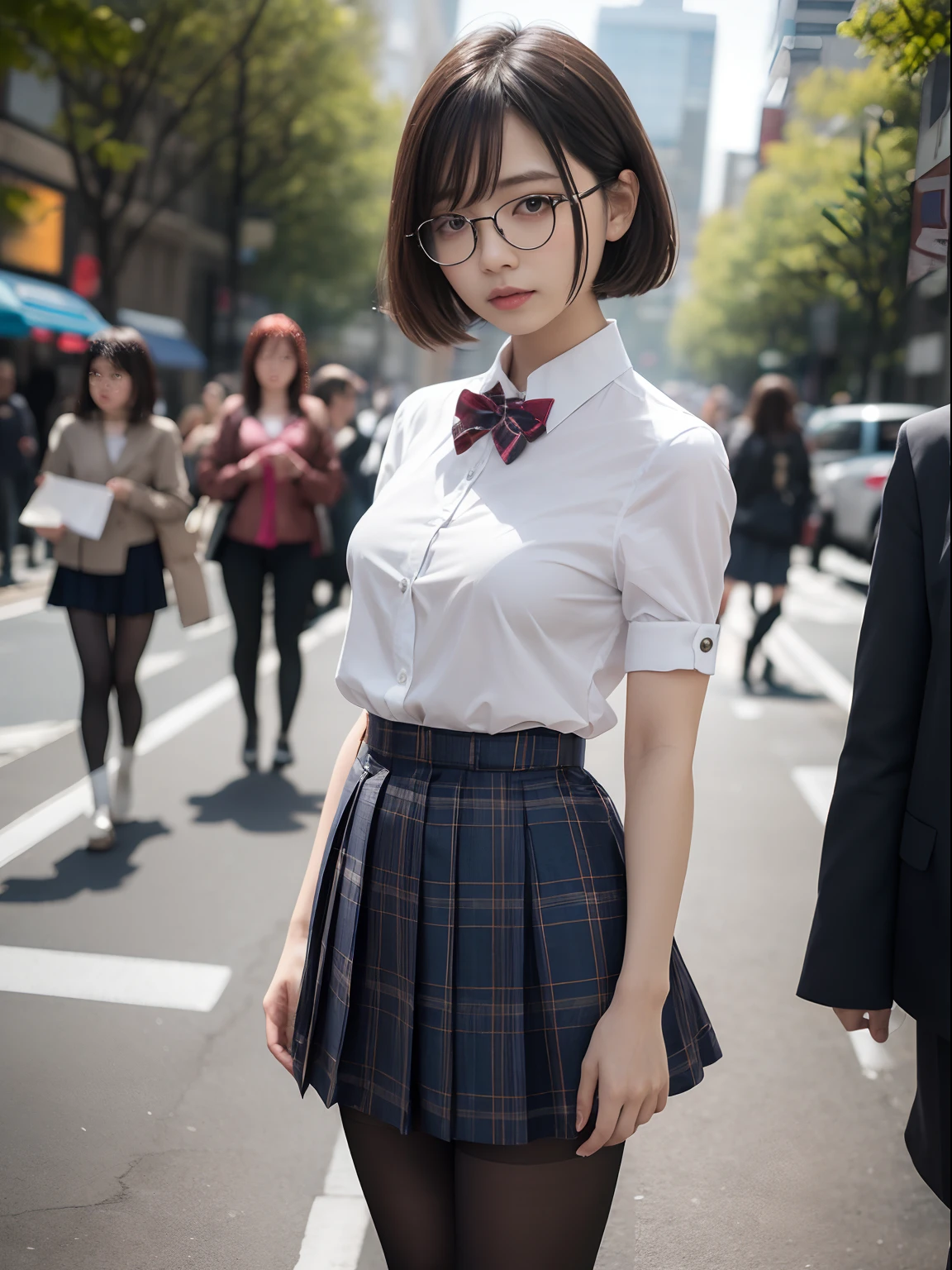 (8K、Raw photography、top-quality、masterpiece:1.2),Black pantyhose,absurderes,a small face,small tits,flat breast,Parting the bangs from the middle、Forehead visible,(Tight eyes,Bullish,skinny,Rasping,irate)、masterpiece,top-quality、超A high resolution,Raw photo,ren,Beautiful fece,One Person, 独奏,eye glass,,Dark look,Small breasts,fullllbody,Round glasses、cute little、A Japanese Lady,is standing,(Tight eyes,Bullish,skinny,Rasping,irate,small tits,flat breast)、(Photorealsitic:1.37)、Photon mapping,Light blue ribbon,Realistic、Cute little face,Brown-eyed、Black socks、(Red bow tie)、Radio City、Physically Based Rendering、Foreground、depth of fields、Blurry background、a picture,The girls、Body, Long legs, Thin leg,poneyTail,(Bangs are visible), hair, s lips, Blue_The eye, nosesoft,White shirt, Navy blue and white plaid pleated skirt, Knees are visible,Sheer clothing,, Thigh, Black cotton socks,Nogizaka Idol, 女優, Japanese ido、large boob、Expose your breasts
