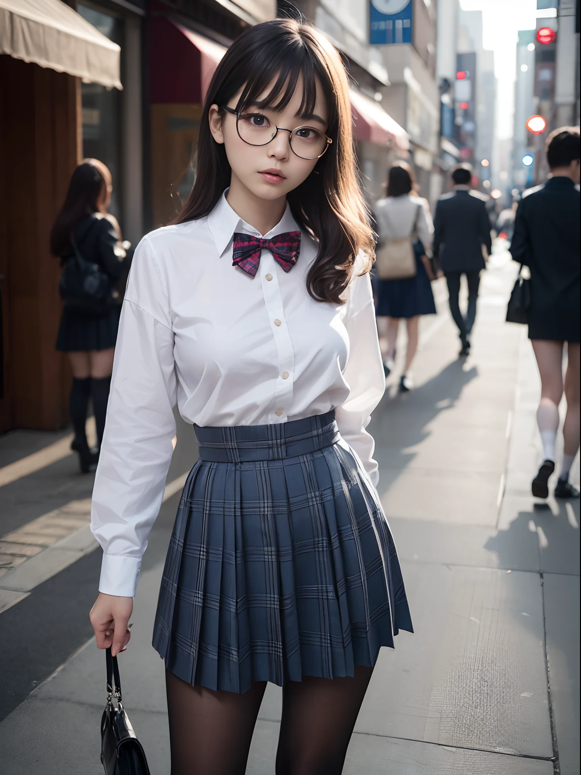 (8K、Raw photography、top-quality、masterpiece:1.2),Black pantyhose,absurderes,a small face,small tits,flat breast,Parting the bangs from the middle、Forehead visible,(Tight eyes,Bullish,skinny,Rasping,irate)、masterpiece,top-quality、超A high resolution,Raw photo,ren,Beautiful fece,One Person, 独奏,eye glass,,Dark look,Small breasts,fullllbody,Round glasses、cute little、A Japanese Lady,is standing,(Tight eyes,Bullish,skinny,Rasping,irate,small tits,flat breast)、(Photorealsitic:1.37)、Photon mapping,Light blue ribbon,Realistic、Cute little face,Brown-eyed、Black socks、(Red bow tie)、Radio City、Physically Based Rendering、Foreground、depth of fields、Blurry background、a picture,The girls、Body, Long legs, Thin leg,poneyTail,(Bangs are visible), hair, s lips, Blue_The eye, nosesoft,White shirt, Navy blue and white plaid pleated skirt, Knees are visible,Sheer clothing,, Thigh, Black cotton socks,Nogizaka Idol, 女優, Japanese ido、large boob、Expose your breasts