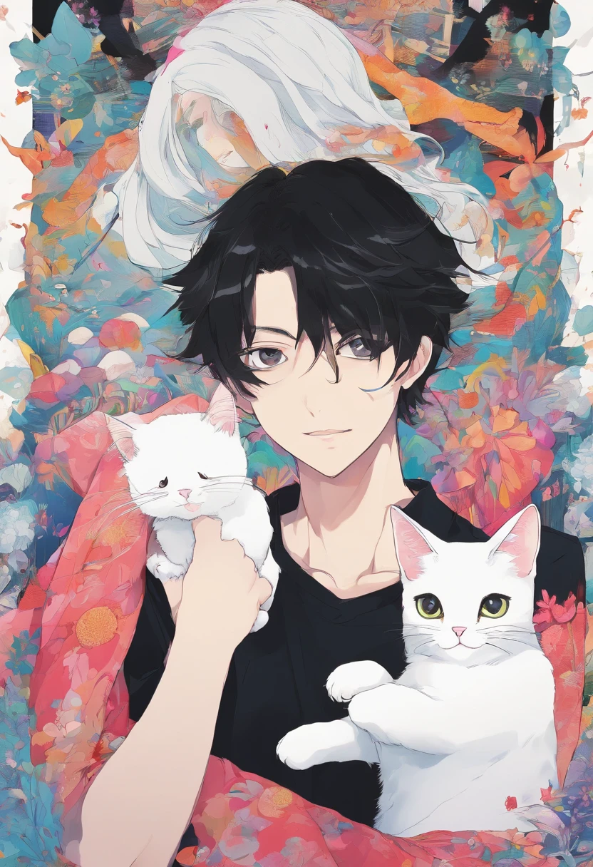 Black-haired man,sideface,A white cat is held in both hands(The breed is a puppet cat),The man's nose is against the Muppet's nose