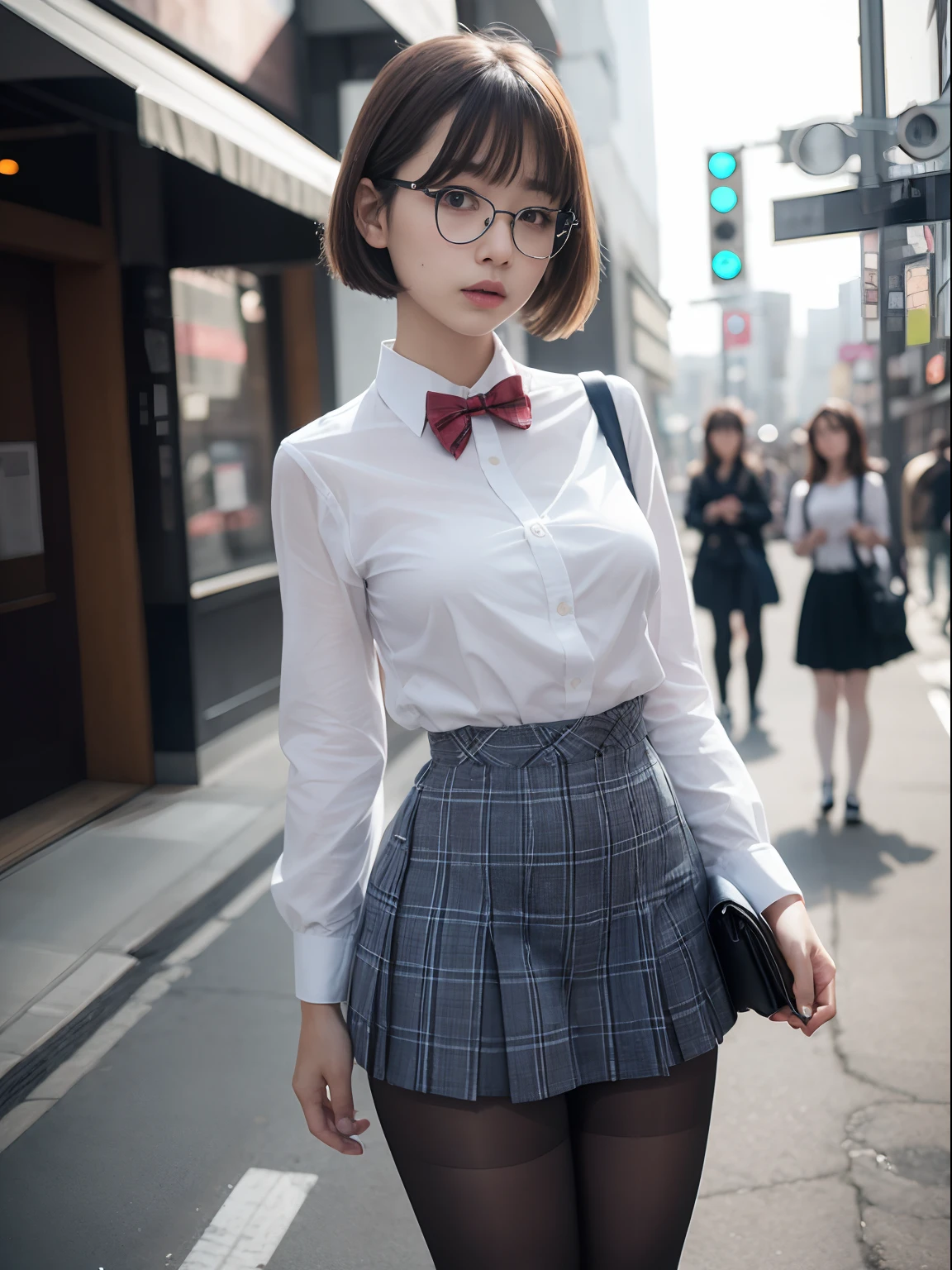 (8K、Raw photography、top-quality、masterpiece:1.2),Black pantyhose,absurderes,a small face,small tits,flat breast,Parting the bangs from the middle、Forehead visible,(Tight eyes,Bullish,skinny,Rasping,irate)、masterpiece,top-quality、超A high resolution,Raw photo,ren,Beautiful fece,One Person, 独奏,eye glass,,Dark look,Small breasts,fullllbody,Round glasses、cute little、A Japanese Lady,is standing,(Tight eyes,Bullish,skinny,Rasping,irate,small tits,flat breast)、(Photorealsitic:1.37)、Photon mapping,Light blue ribbon,Realistic、Cute little face,Brown-eyed、Black socks、(Red bow tie)、Radio City、Physically Based Rendering、Foreground、depth of fields、Blurry background、a picture,The girls、Body, Long legs, Thin leg,poneyTail,(Bangs are visible), hair, s lips, Blue_The eye, nosesoft,White shirt, Navy blue and white plaid pleated skirt, Knees are visible,Sheer clothing,, Thigh, Black cotton socks,Nogizaka Idol, 女優, Japanese ido、large boob、Expose your breasts