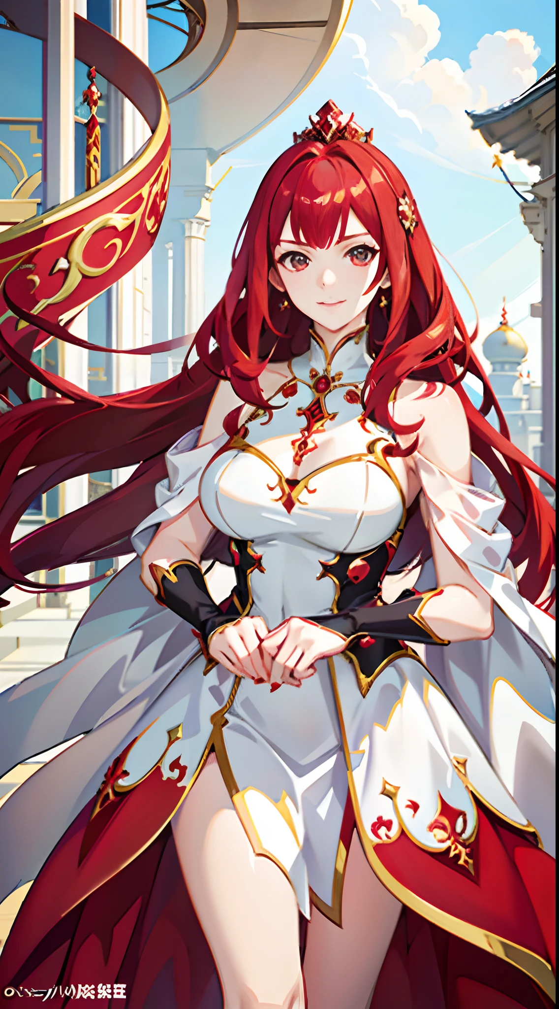 {{{ high quality}}}, Detailed illustration of a woman with {{Ruby-kissed long RED hair}}. {{{Her eyes are red and gold, an enchanting shade of golden and ruby red swirling vortexes, colorful cloudy and smoke-colored background}}}. She is on the mountain wearing a white dress. {{{LONG RED HAIR}}}. {{{eyes RED & GOLD}}}. {{{big breasts}}},  Close-up of girl, girls front.