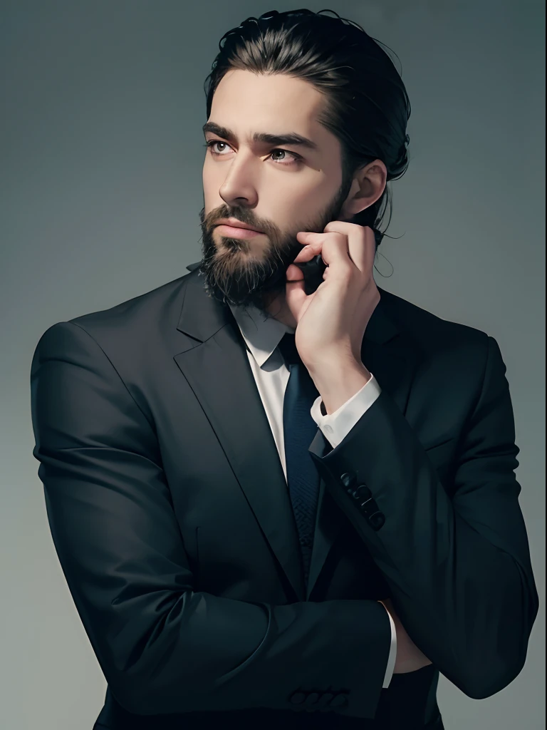 a man in a suit is thinking about something with his hand on his chin, thinking pose, portait photo profile picture, dramatic thinking pose, professional profile picture, man in his 30s, pondering, thoughtful pose, headshot profile picture, very attractive man with beard, thoughtful ), high quality stock picture, looking confused, looking away from camera
