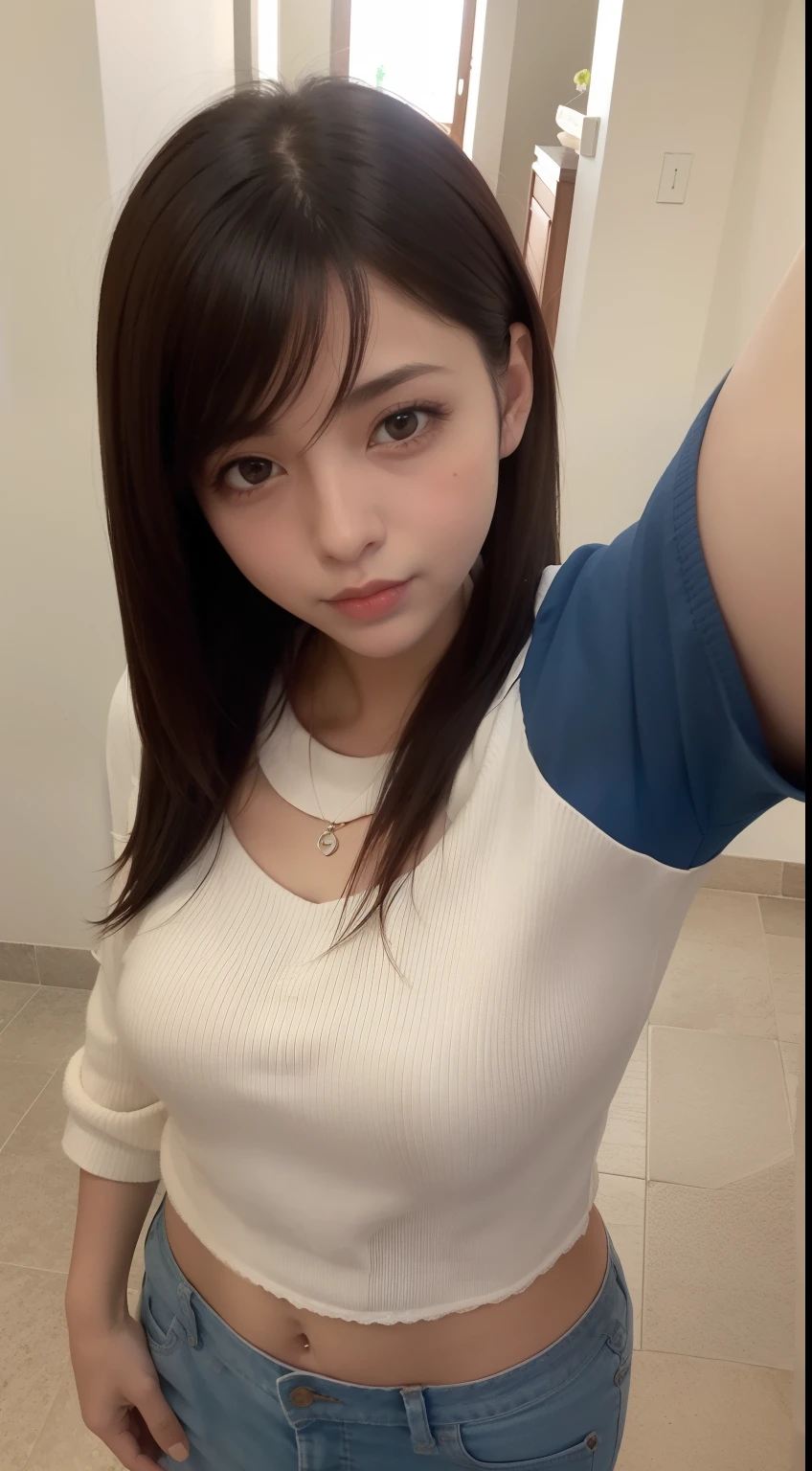 Obra maestra,La mejor calidad, muchacha india muy flaca , brown hair , ,. labios rojos ,Cabello largo , , Selfie , Profundidad de campo, , without smiling ,,, mono azul , Pantalones Jens ,Mirando al espectador, Playa